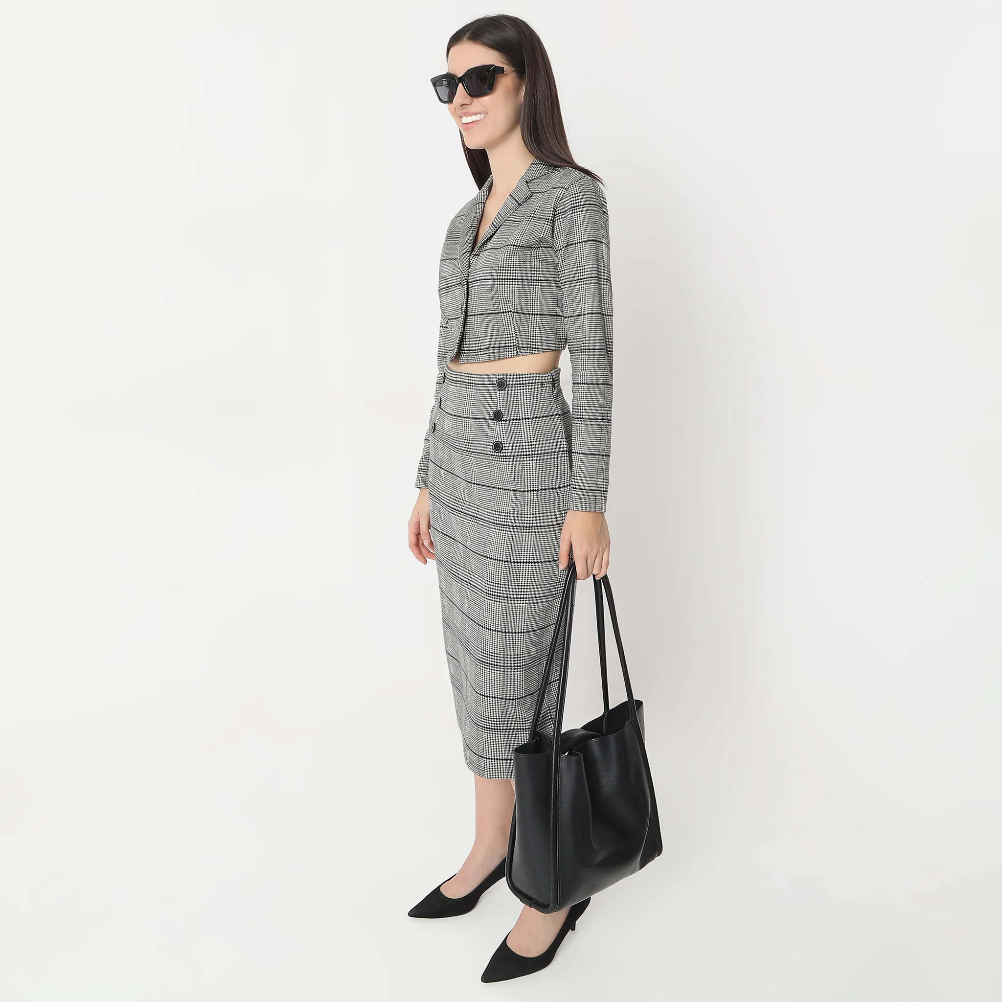Checkered Lapel Collar Full Sleeve Crop T-Shirt