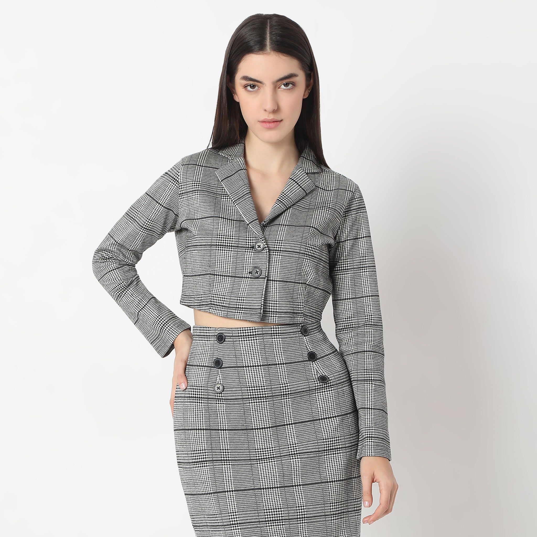 Checkered Lapel Collar Full Sleeve Crop T-Shirt - Image 2