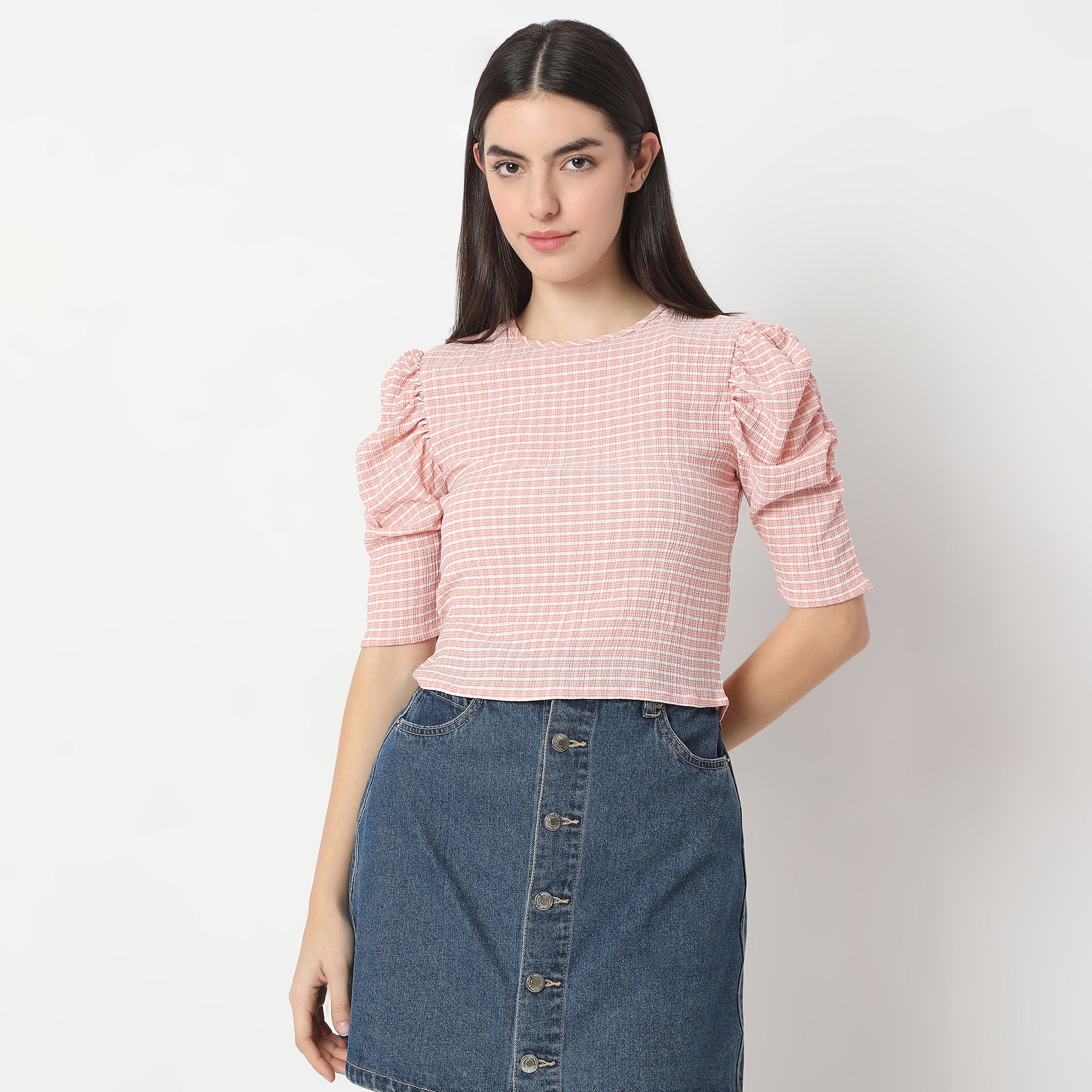 Checkered Puff Sleeve Betty Top - Image 2