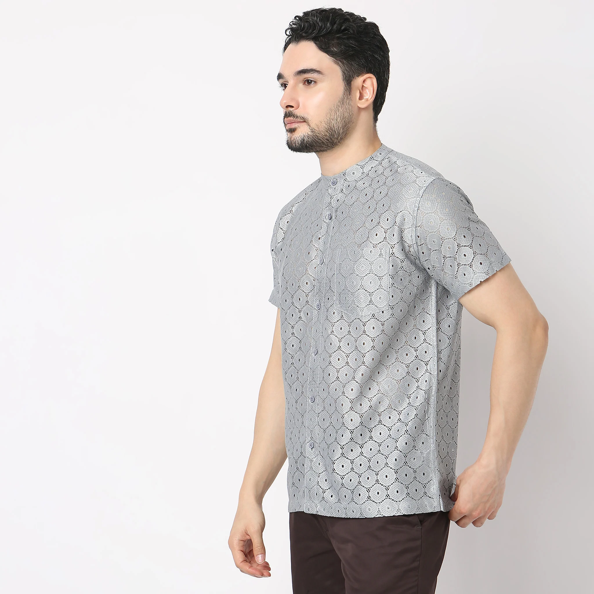 Modern Ethnic - Celebration Crochet Band Collar Shirt - Regular Fit - Image 5