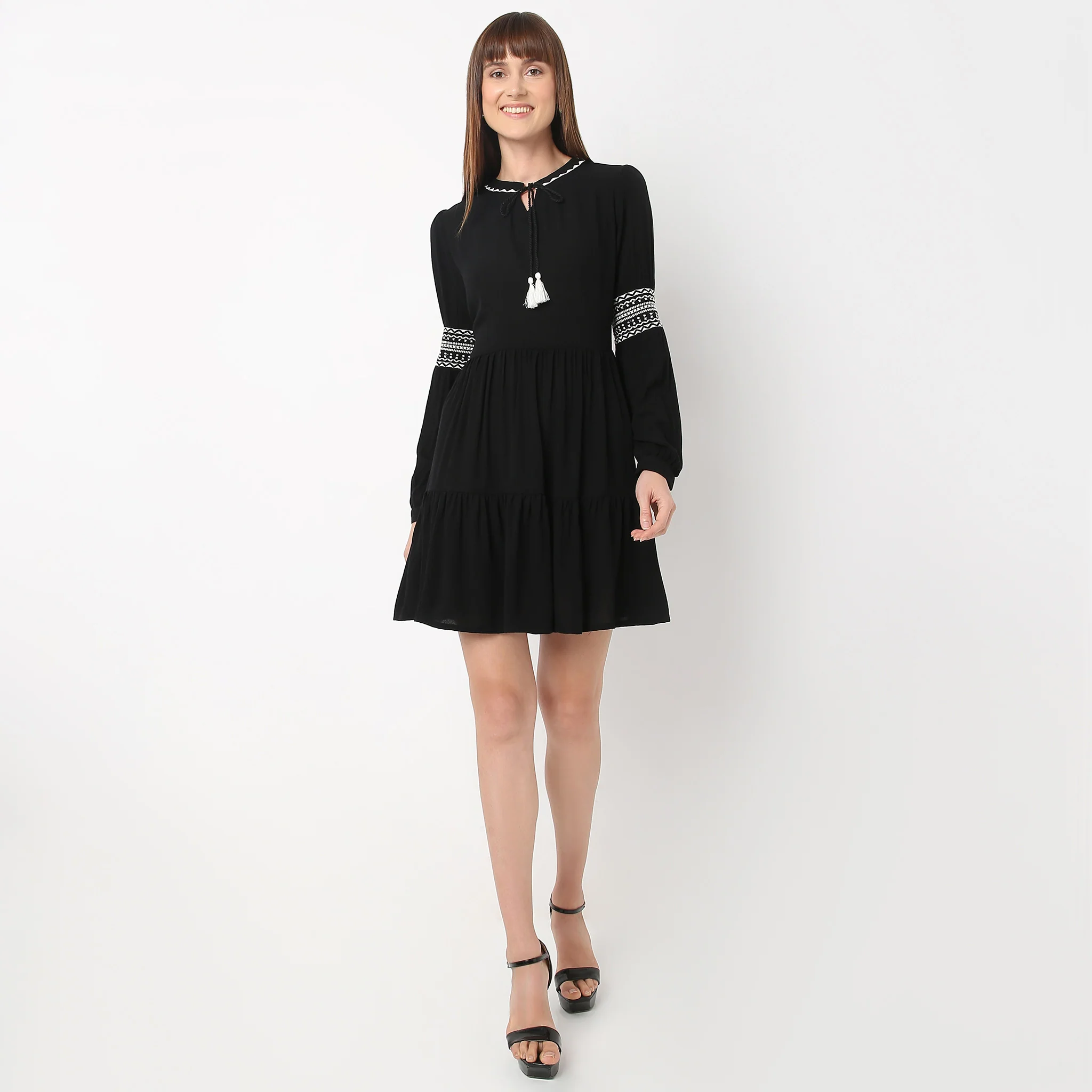 Band Neck Above Knee Full Sleeve Embroidered Dress With Tie Up Details - Image 2