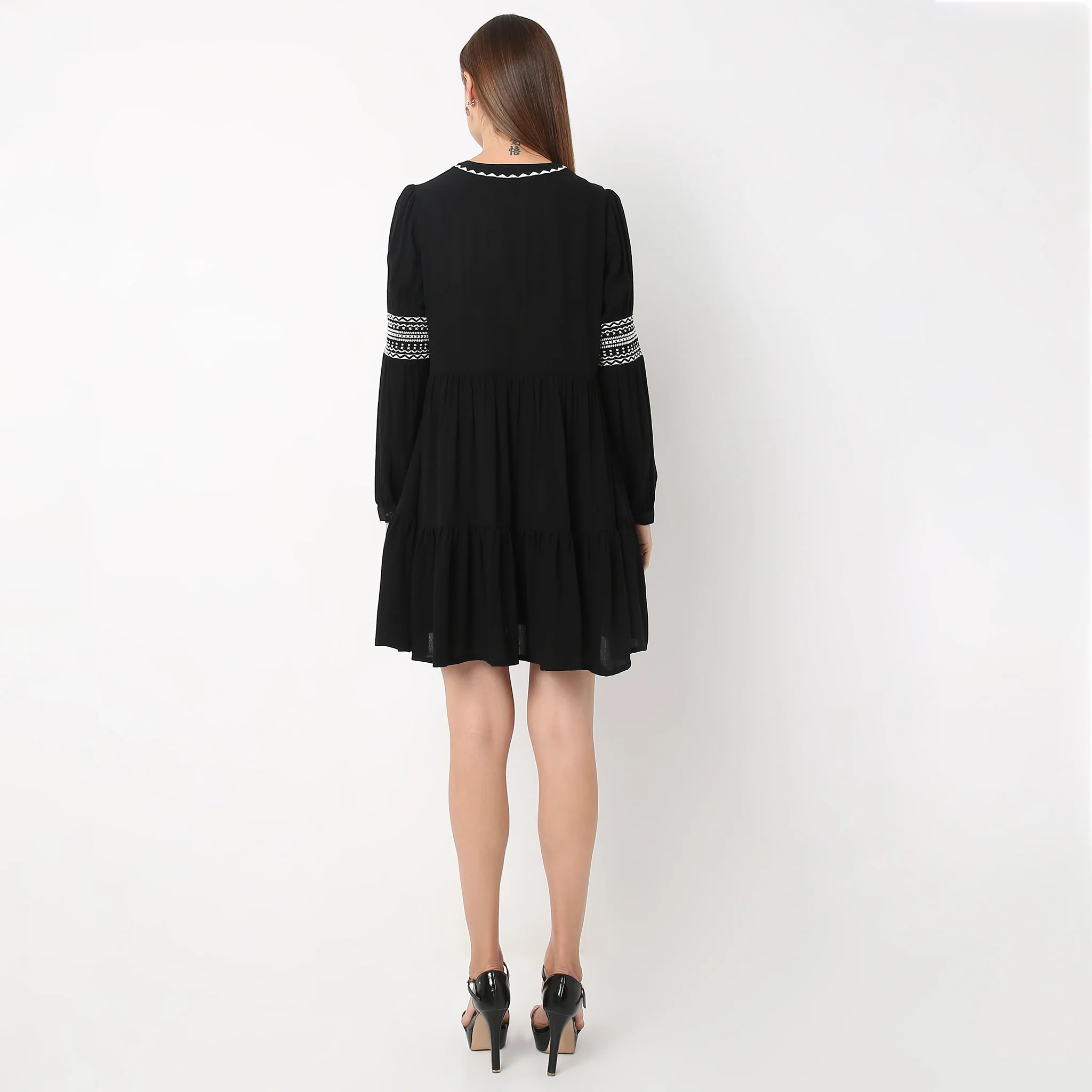 Band Neck Above Knee Full Sleeve Embroidered Dress With Tie Up Details - Image 3