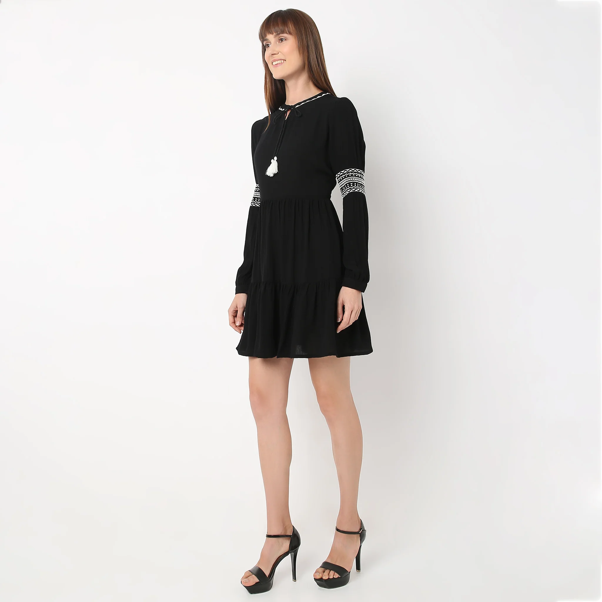 Band Neck Above Knee Full Sleeve Embroidered Dress With Tie Up Details - Image 5