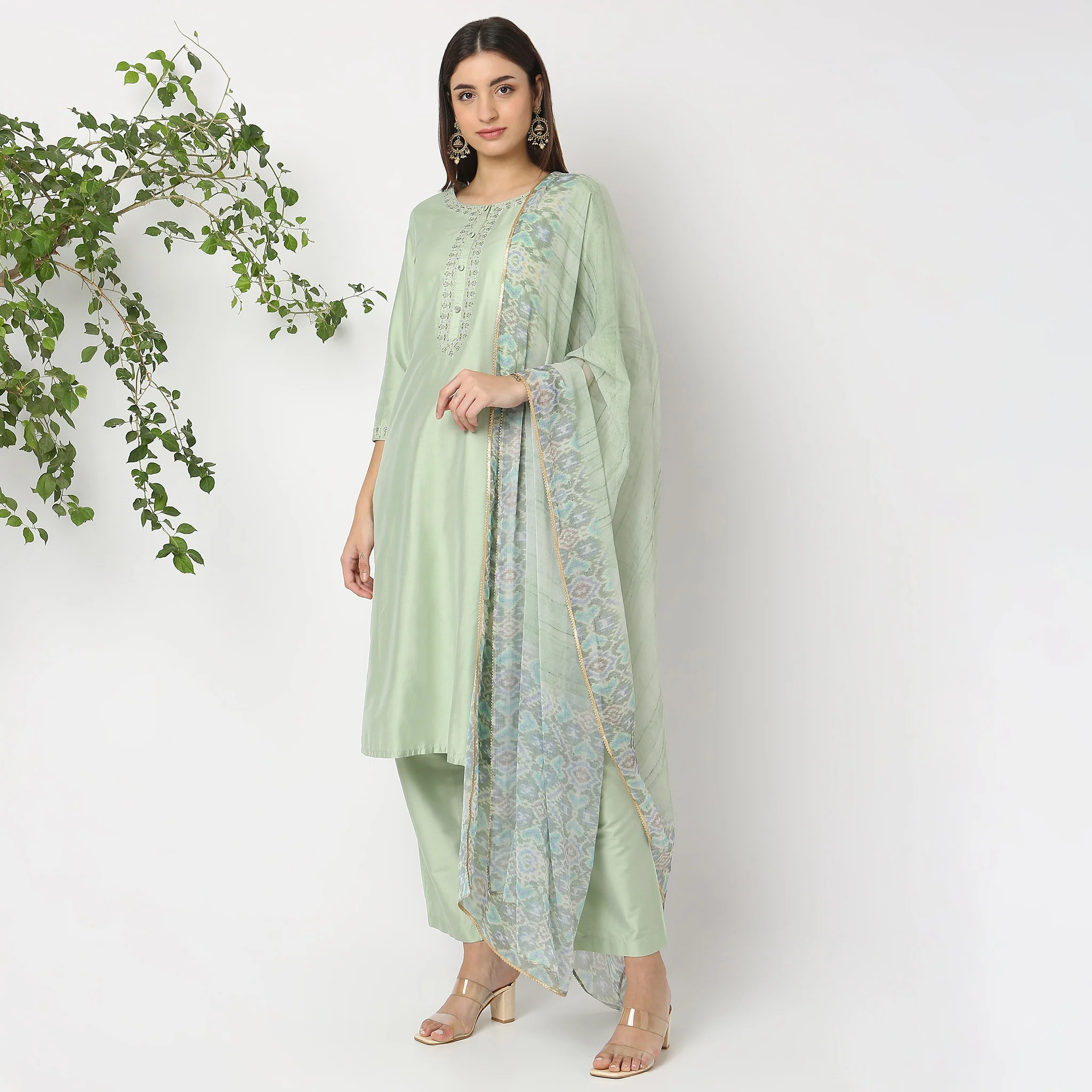 Regular Fit Embroidered Kurta And Pant With Dupatta Set