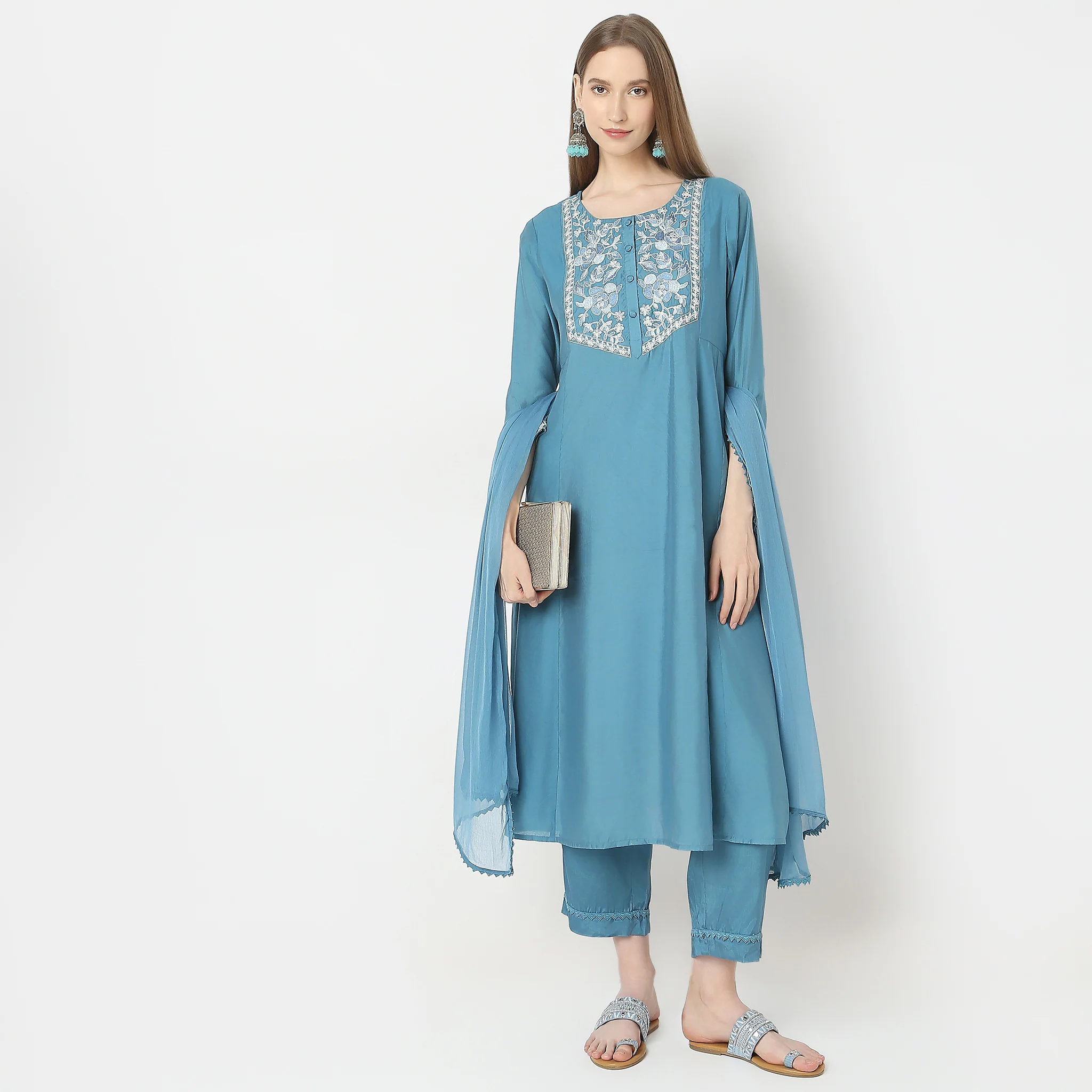 Regular Fit Embroidered Kurta With Pant & With Dupatta Set