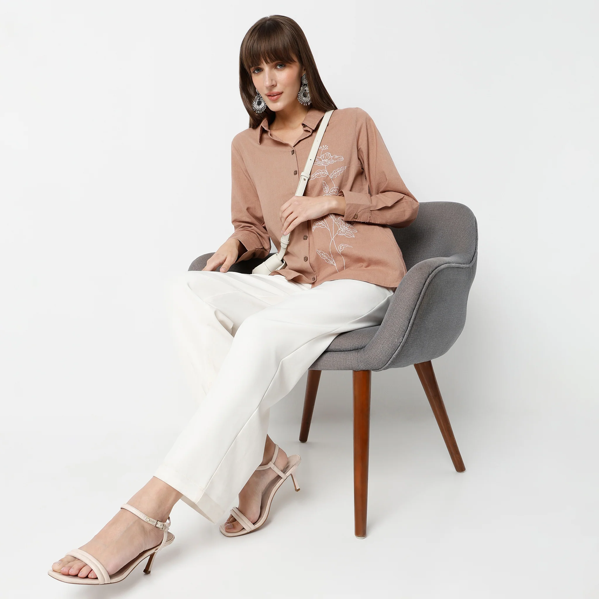 Embroidered Camp Collar Straight Full Sleeve Shirt