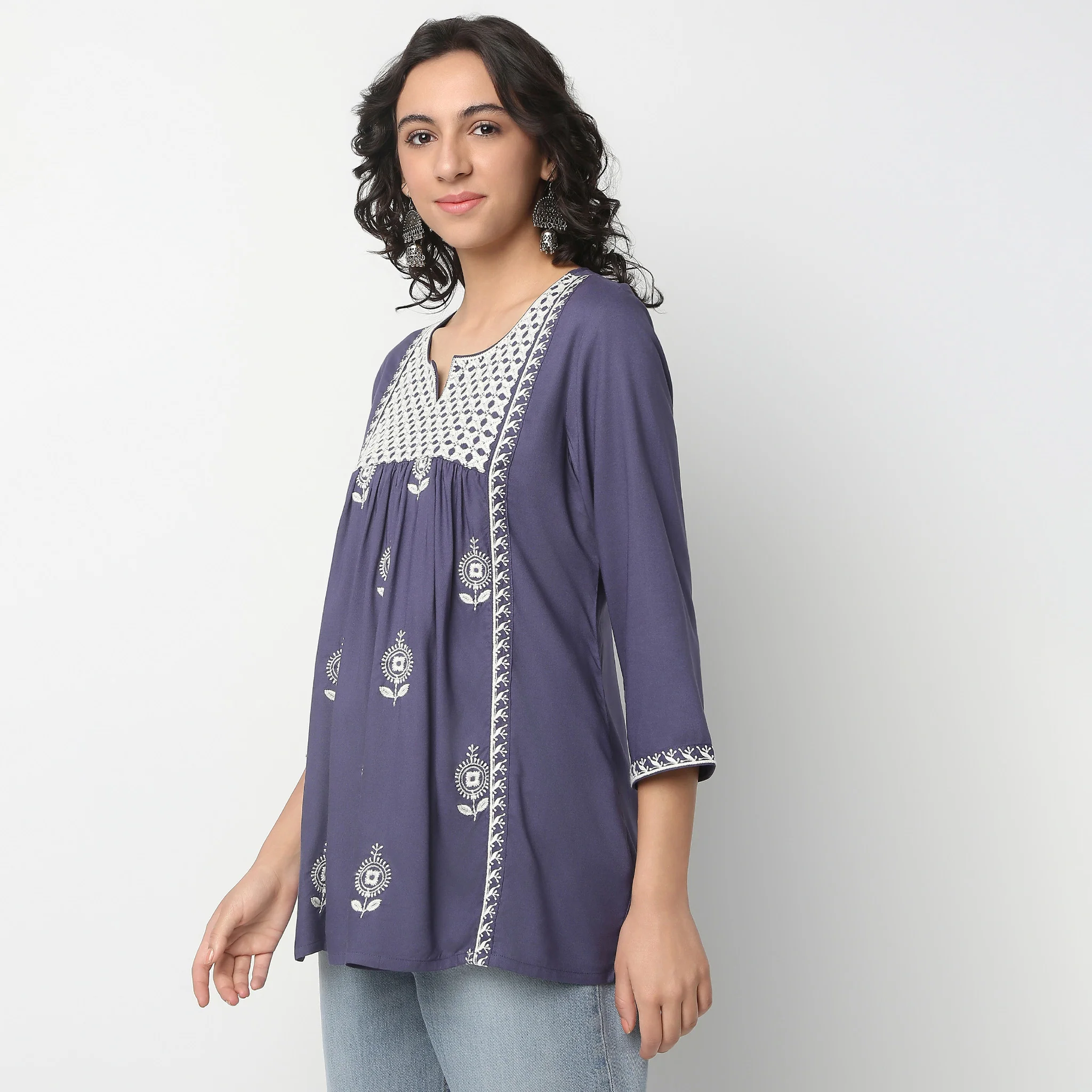 Embroidered Round Neck Gathered Above Knee Short Kurta - Image 10