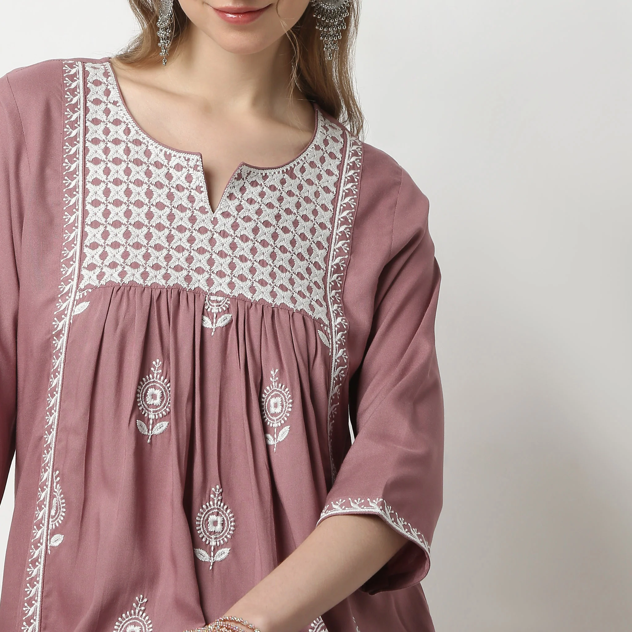 Embroidered Round Neck Gathered Above Knee Short Kurta - Image 5