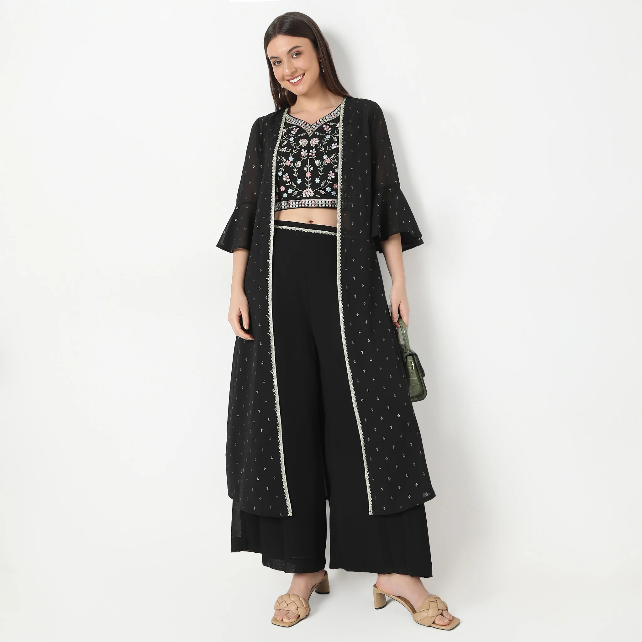 Regular Fit Embroidered Top With Palazzo & With Shrug Set