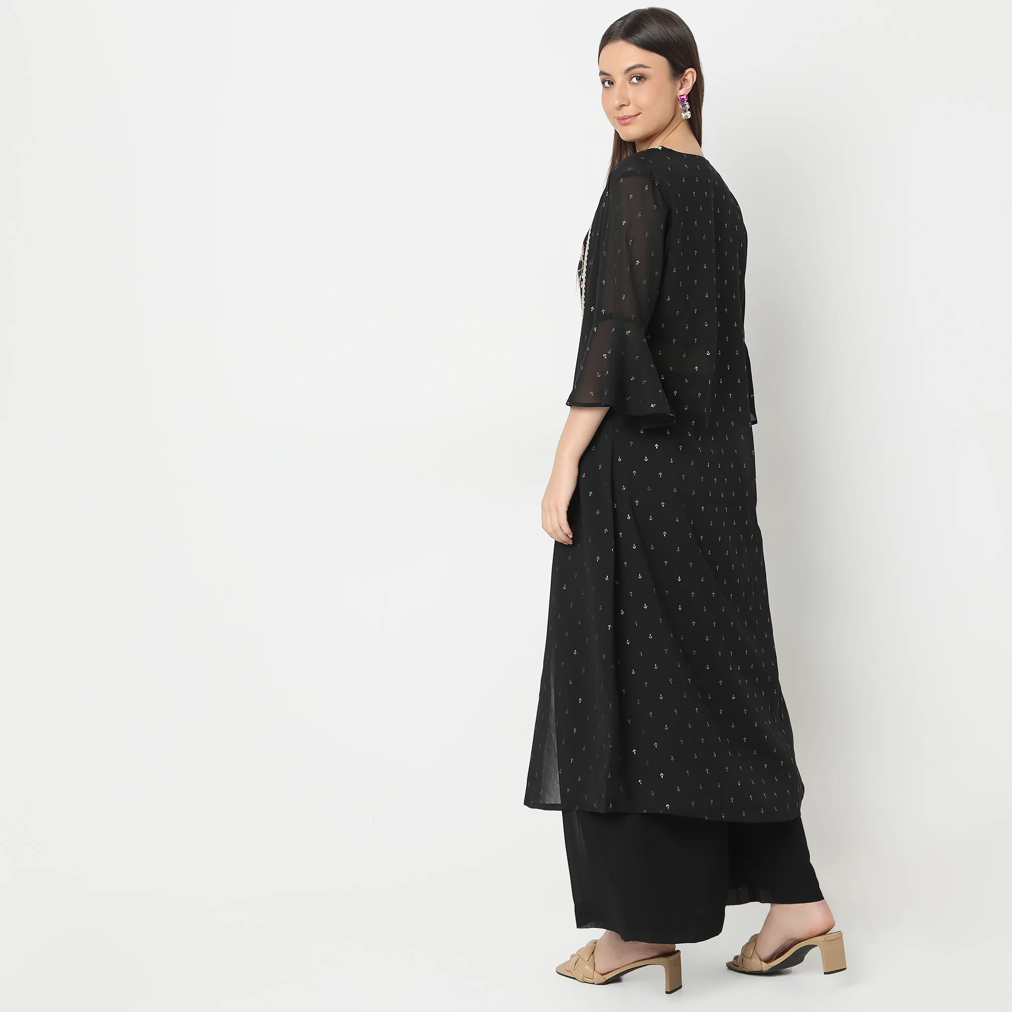 Regular Fit Embroidered Top With Palazzo & With Shrug Set - Image 3