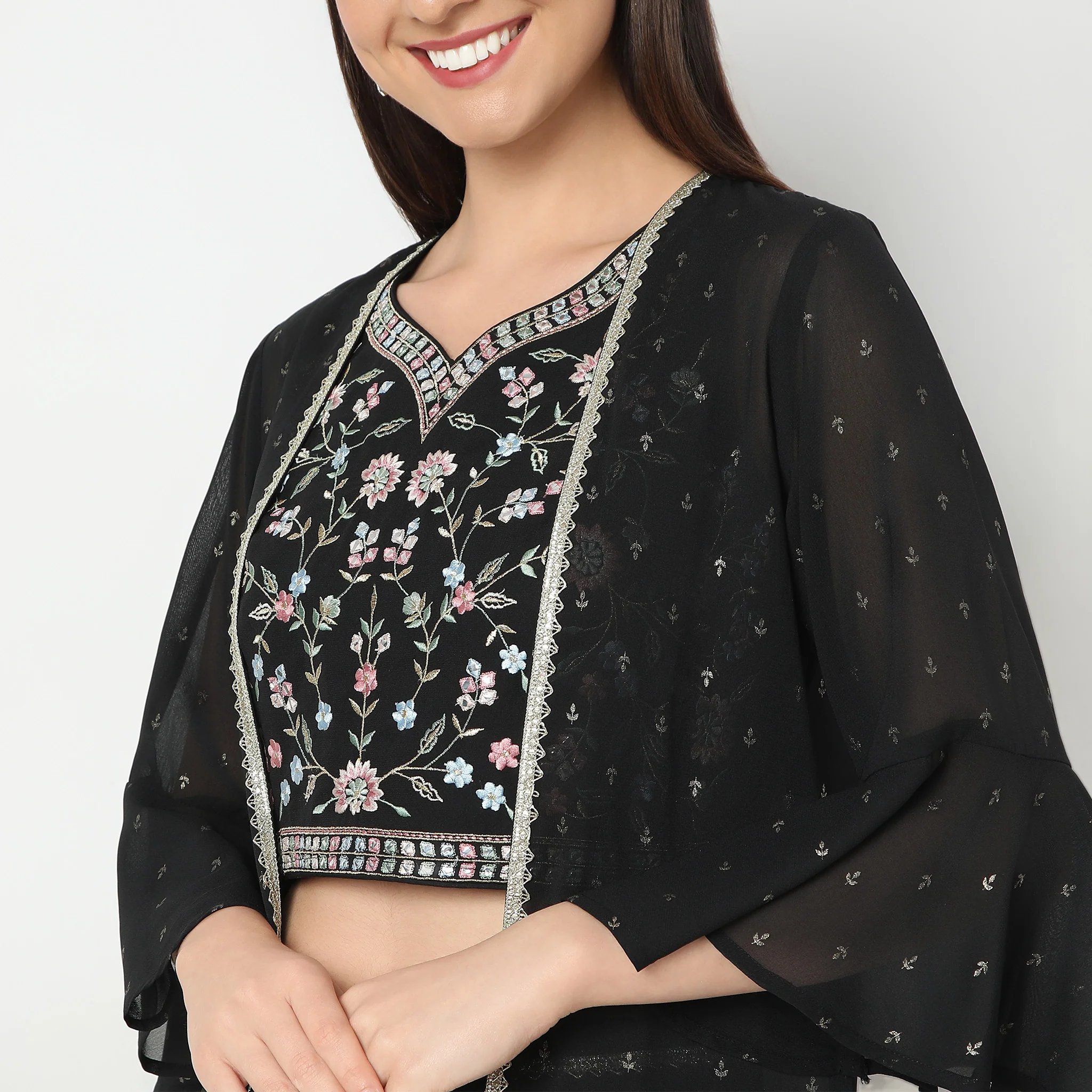 Regular Fit Embroidered Top With Palazzo & With Shrug Set - Image 4
