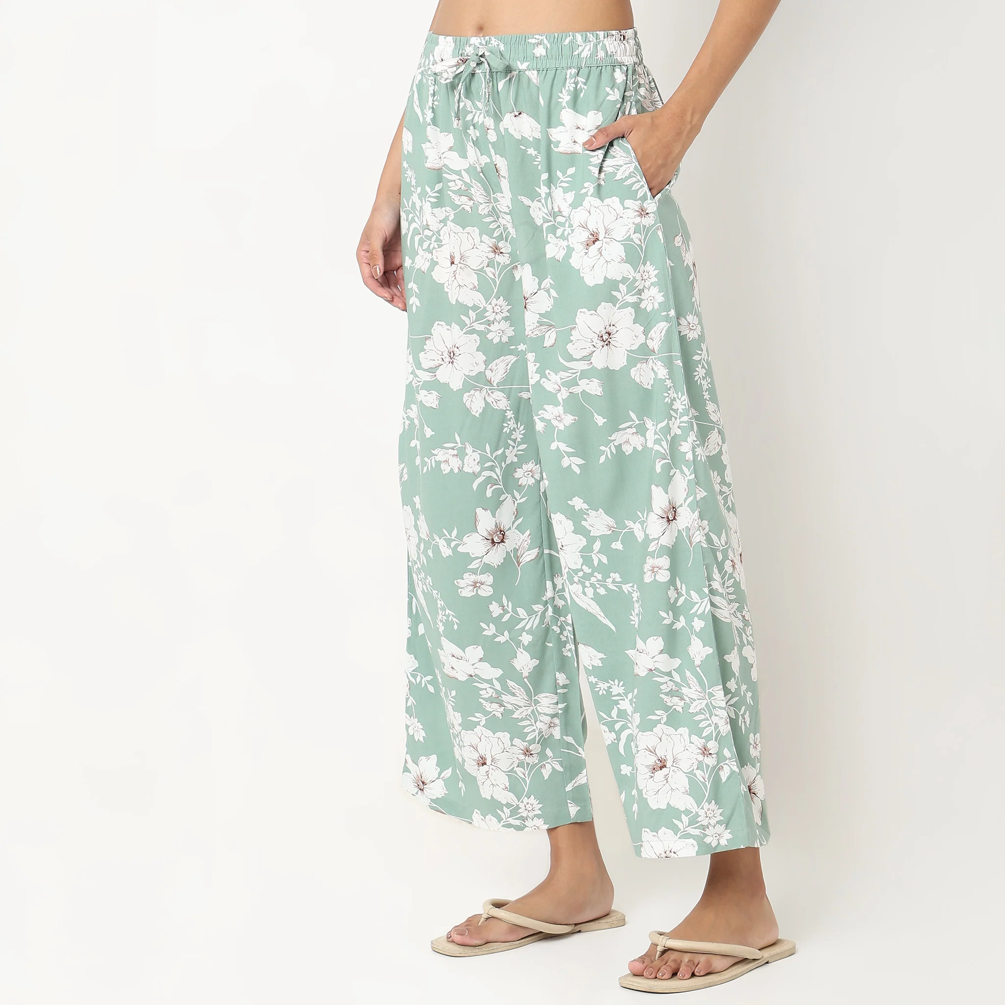 Woven Floral Mid Rise Lounge Palazzos - Image 5