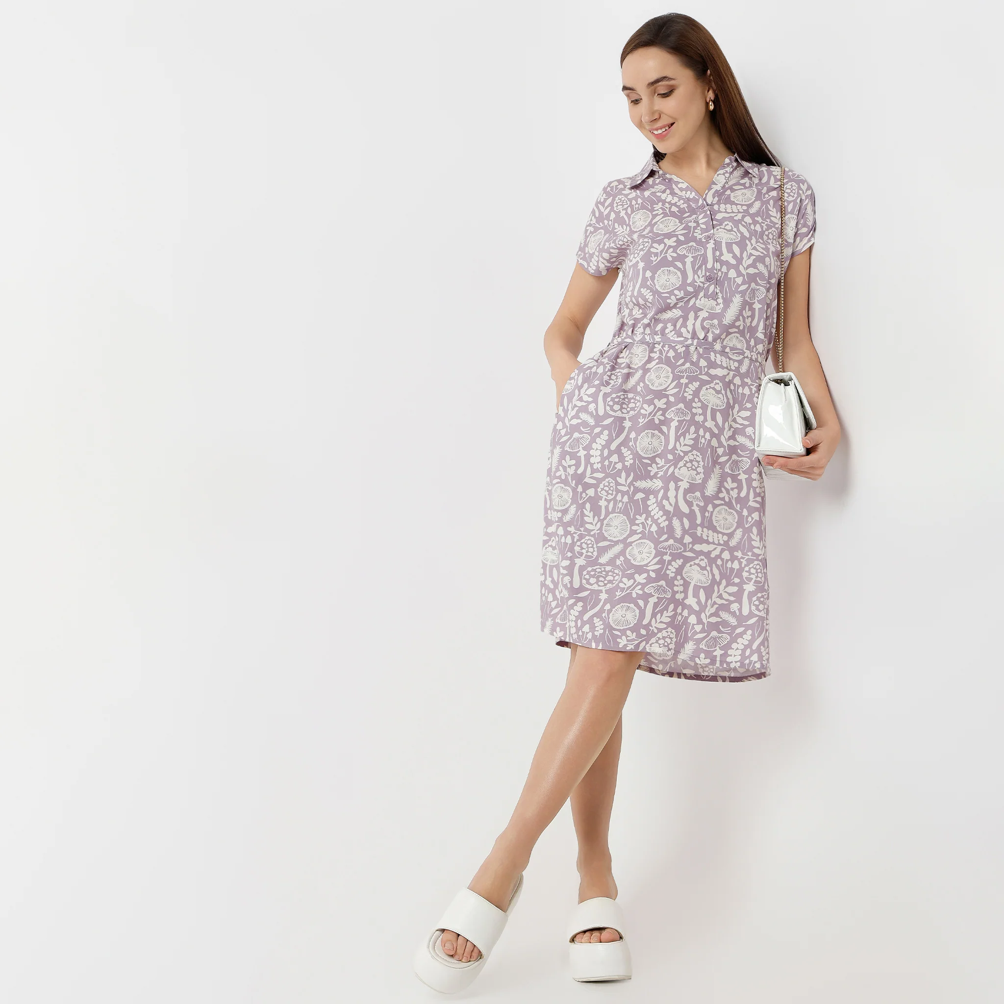 Shirt Collar Short Length Floral Print Lounge Short Gown