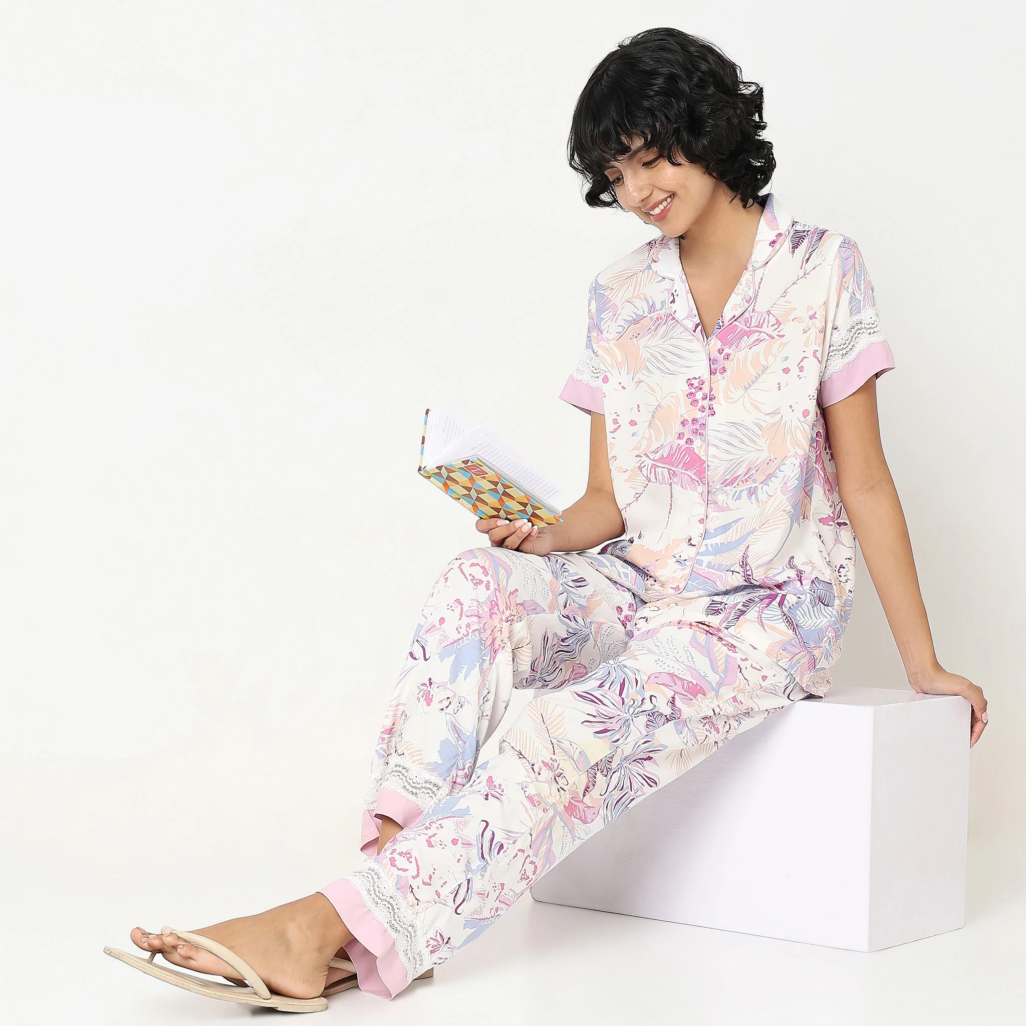 Woven Floral Top With Pyjama Sleepwear Set