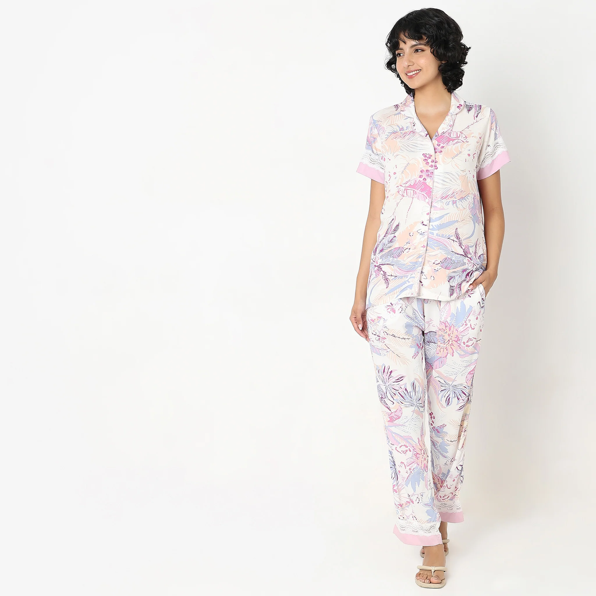 Woven Floral Top With Pyjama Sleepwear Set - Image 2