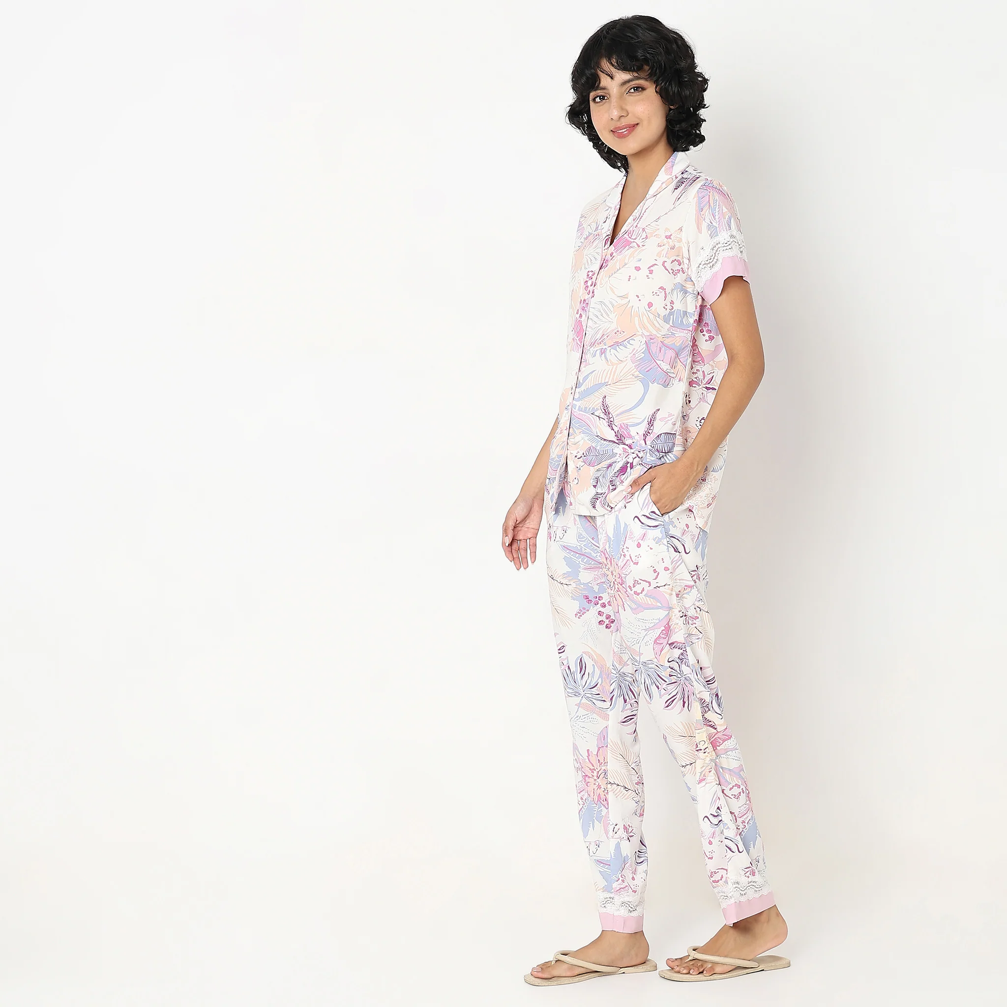 Woven Floral Top With Pyjama Sleepwear Set - Image 7