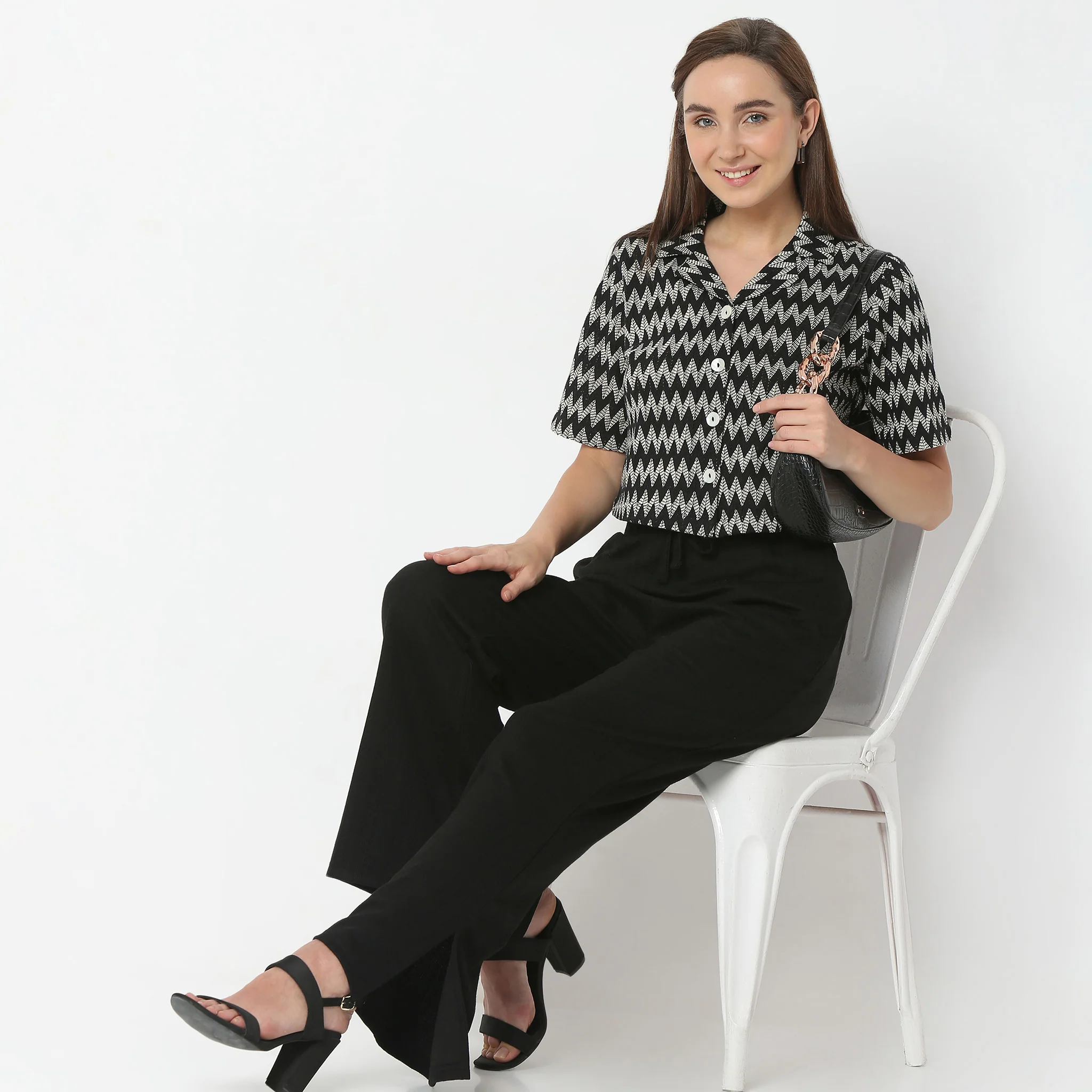 Geometric Lapel Collar Elbow Sleeve Crop Top