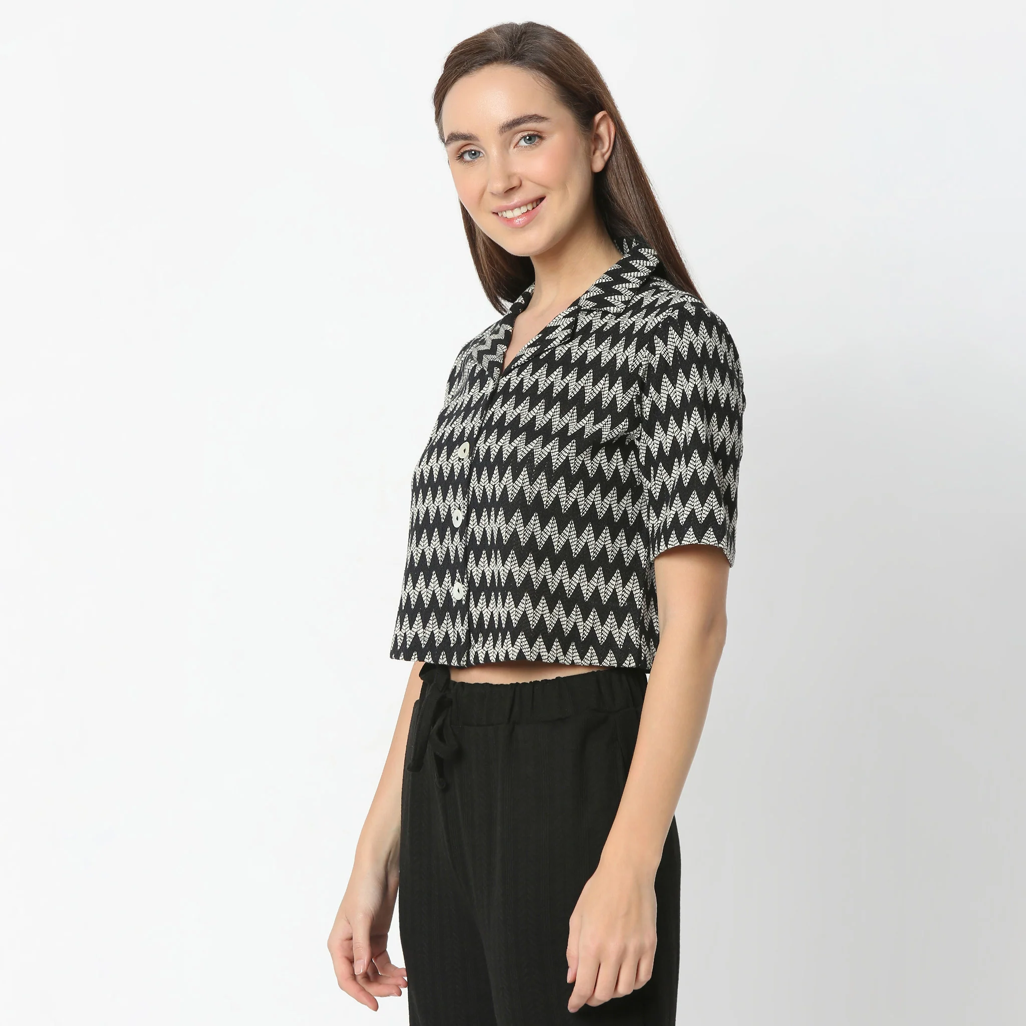 Geometric Lapel Collar Elbow Sleeve Crop Top - Image 5