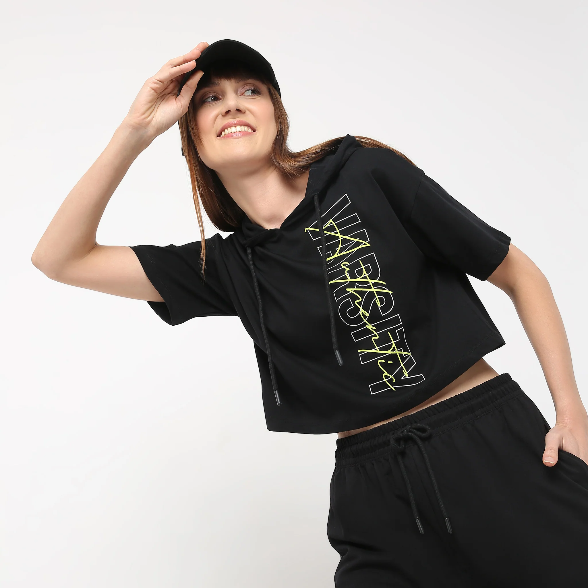 Boxy Fit Hoodie Athleisure Graphic Crop T-Shirt - Image 2