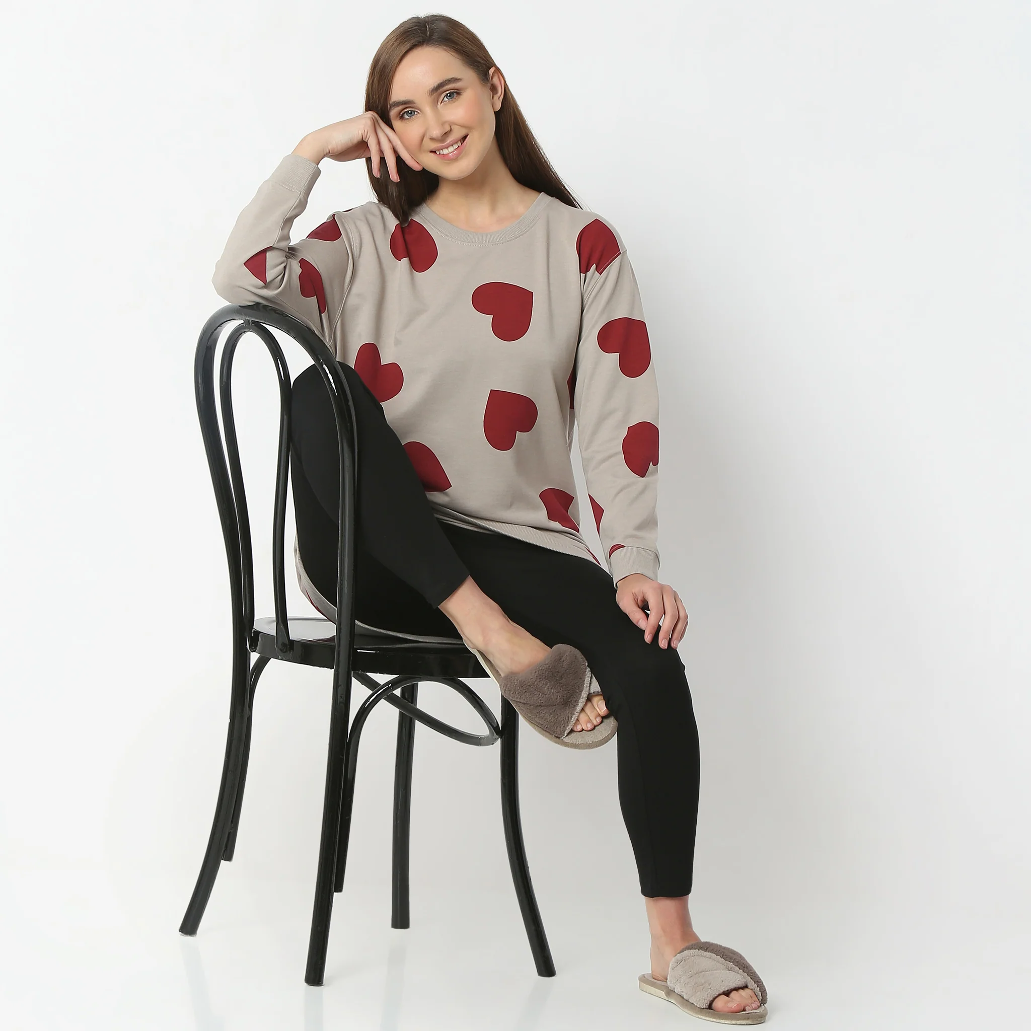 Heart Print Crew Neck Full Sleeves Lounge Top