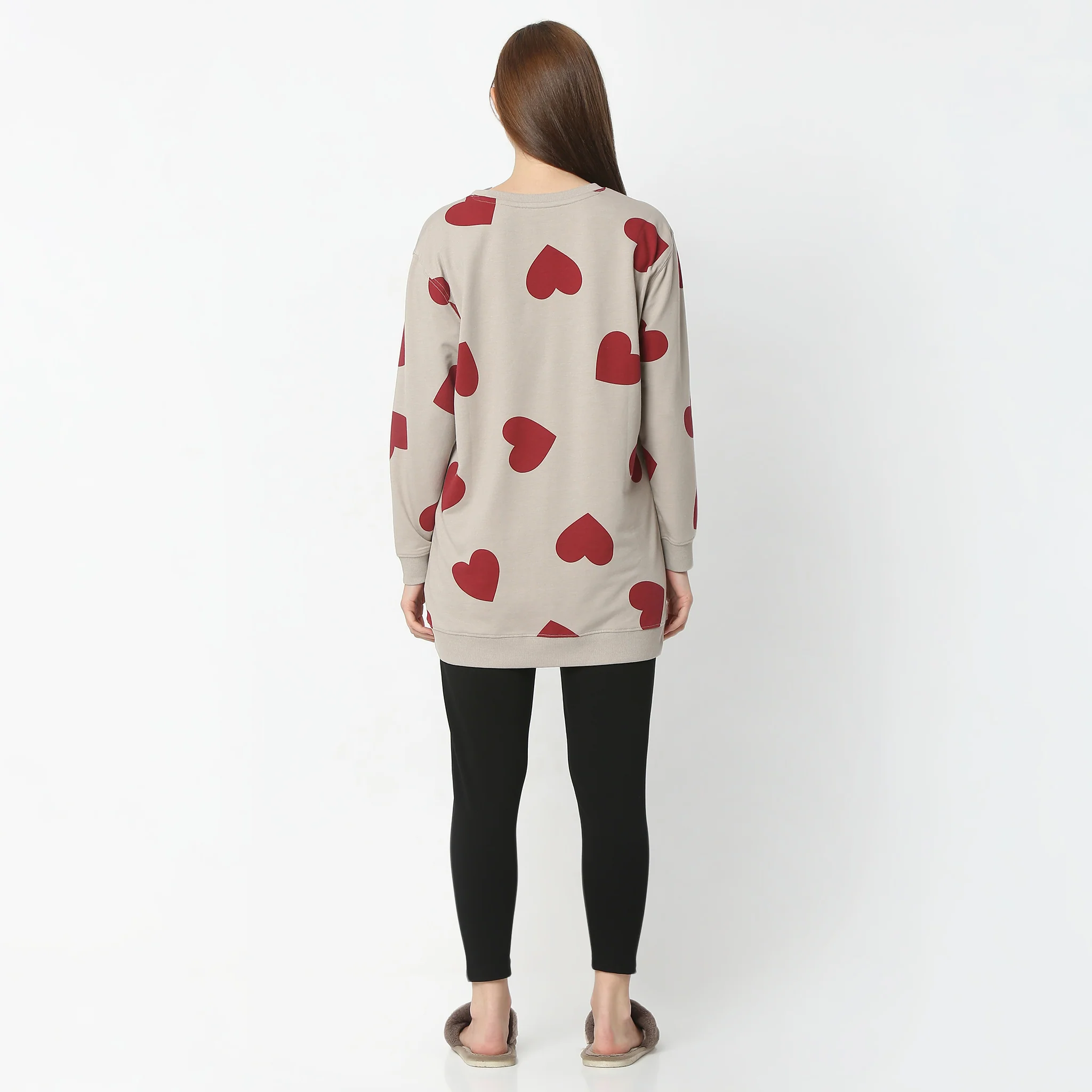 Heart Print Crew Neck Full Sleeves Lounge Top - Image 3