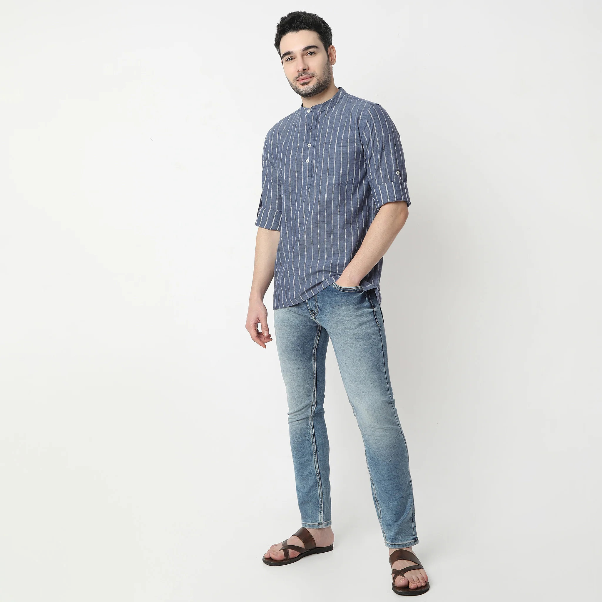Striped Yarn Dyed Full Sleeve Straight Short Kurta