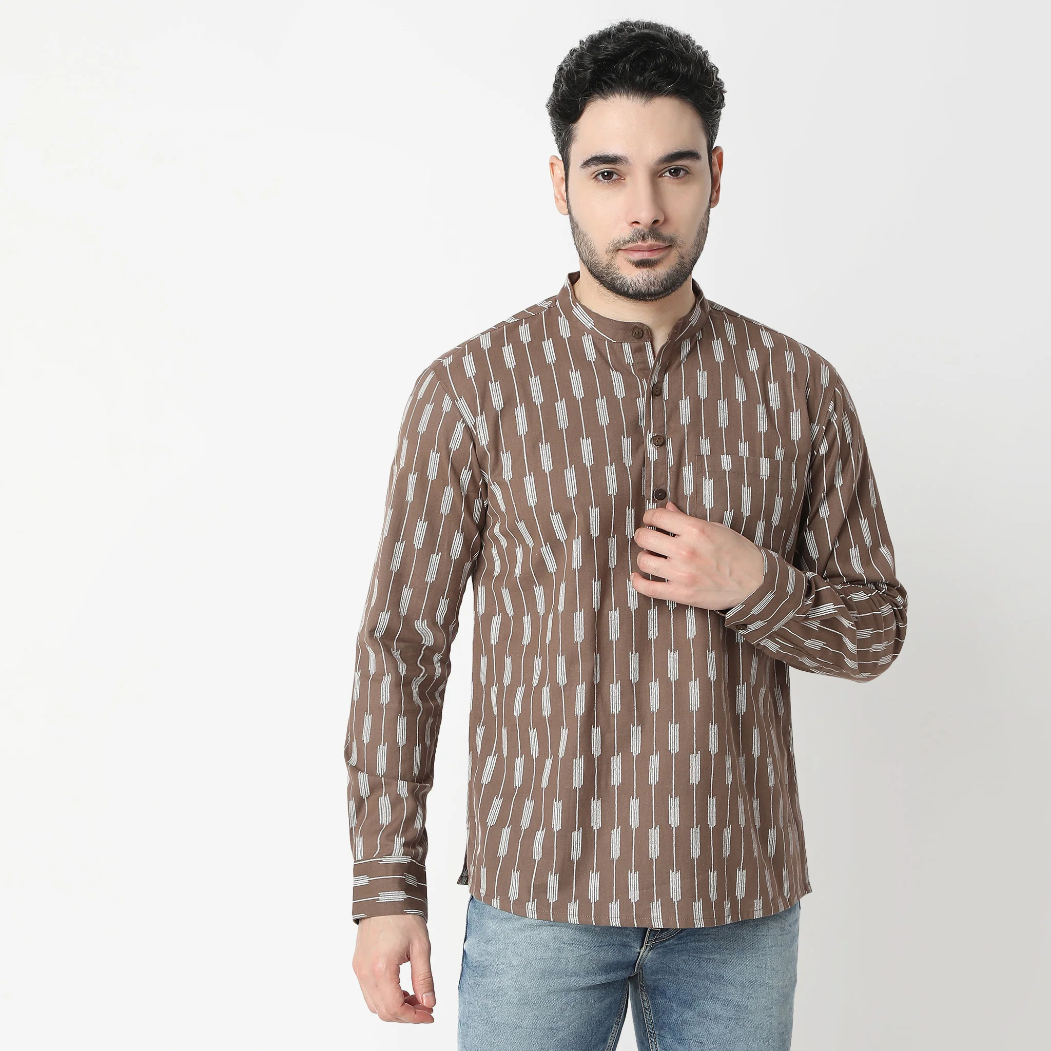 Printed Yarn Dyed Full Sleeve Straight Short Kurta - Image 2
