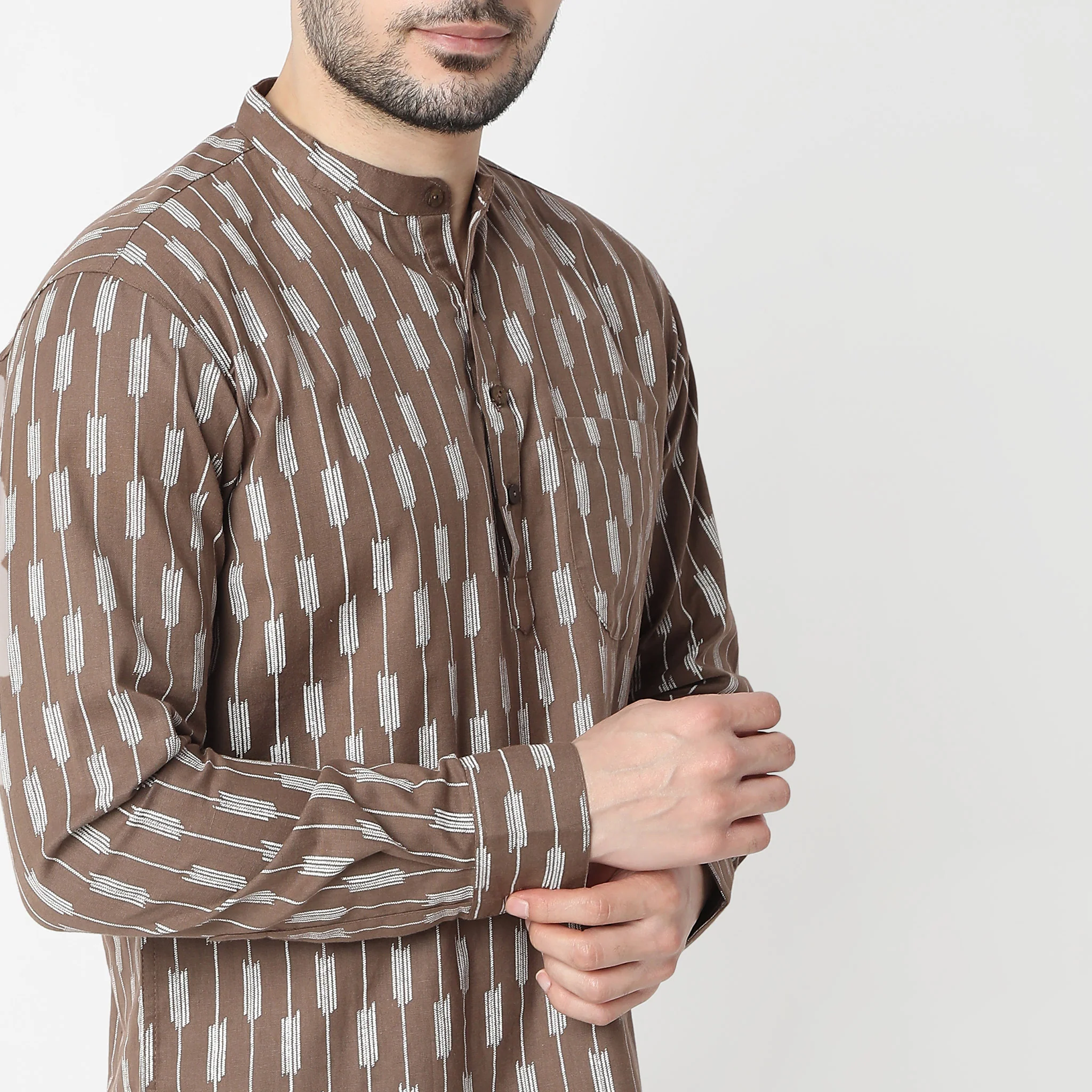 Printed Yarn Dyed Full Sleeve Straight Short Kurta - Image 4