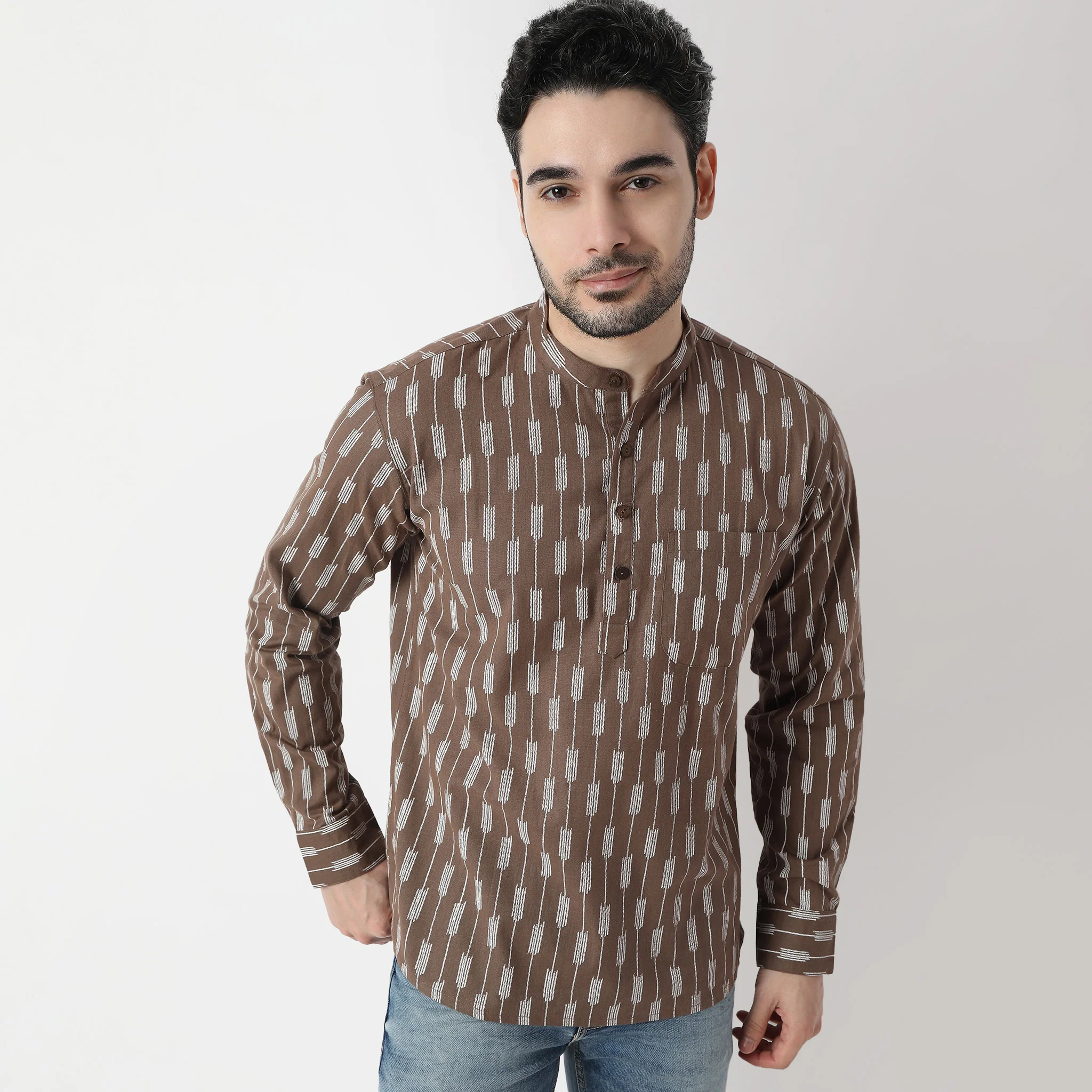 Printed Yarn Dyed Full Sleeve Straight Short Kurta - Image 5