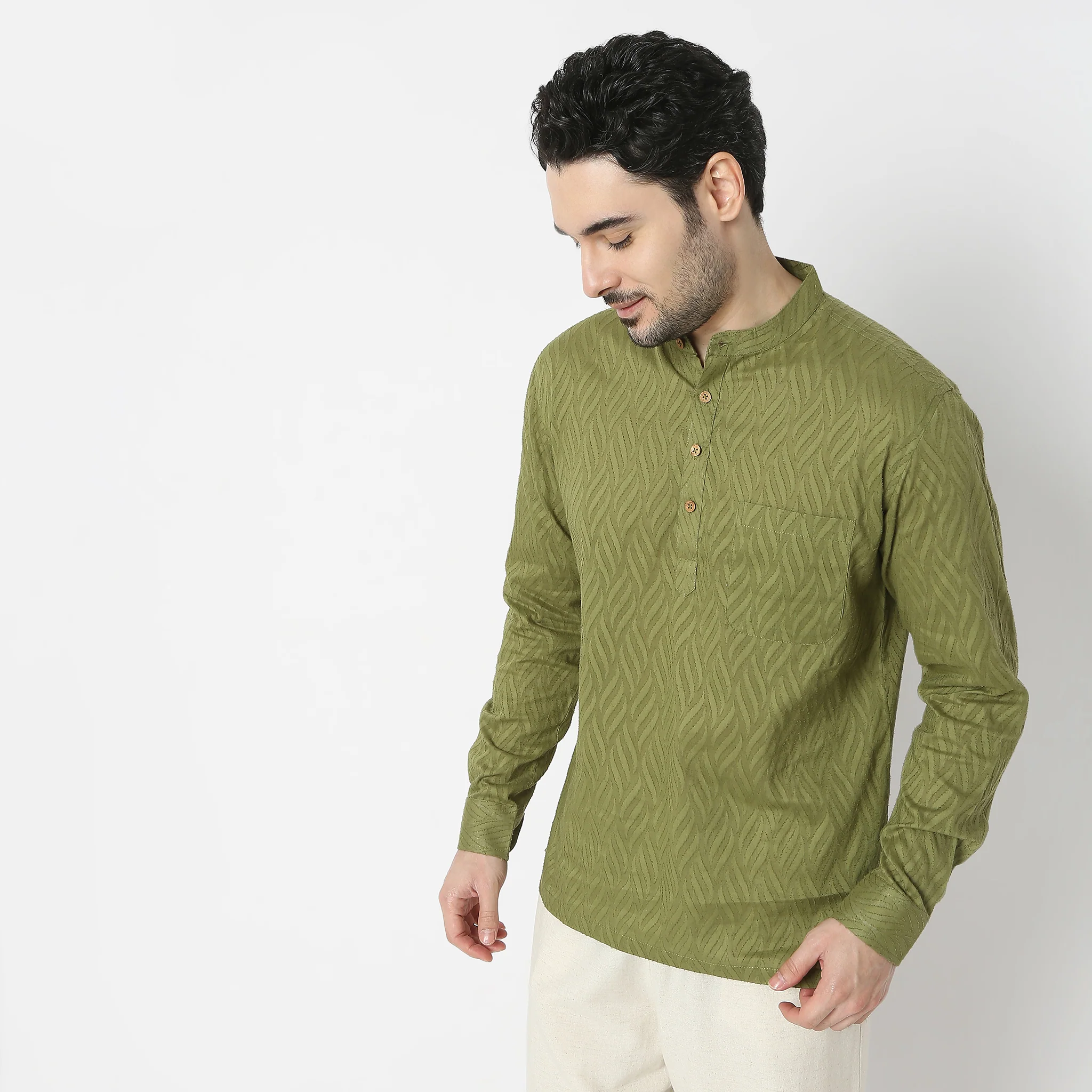 Jacquard Mandarin Collar Full Sleeve Printed Short Kurta - Image 5