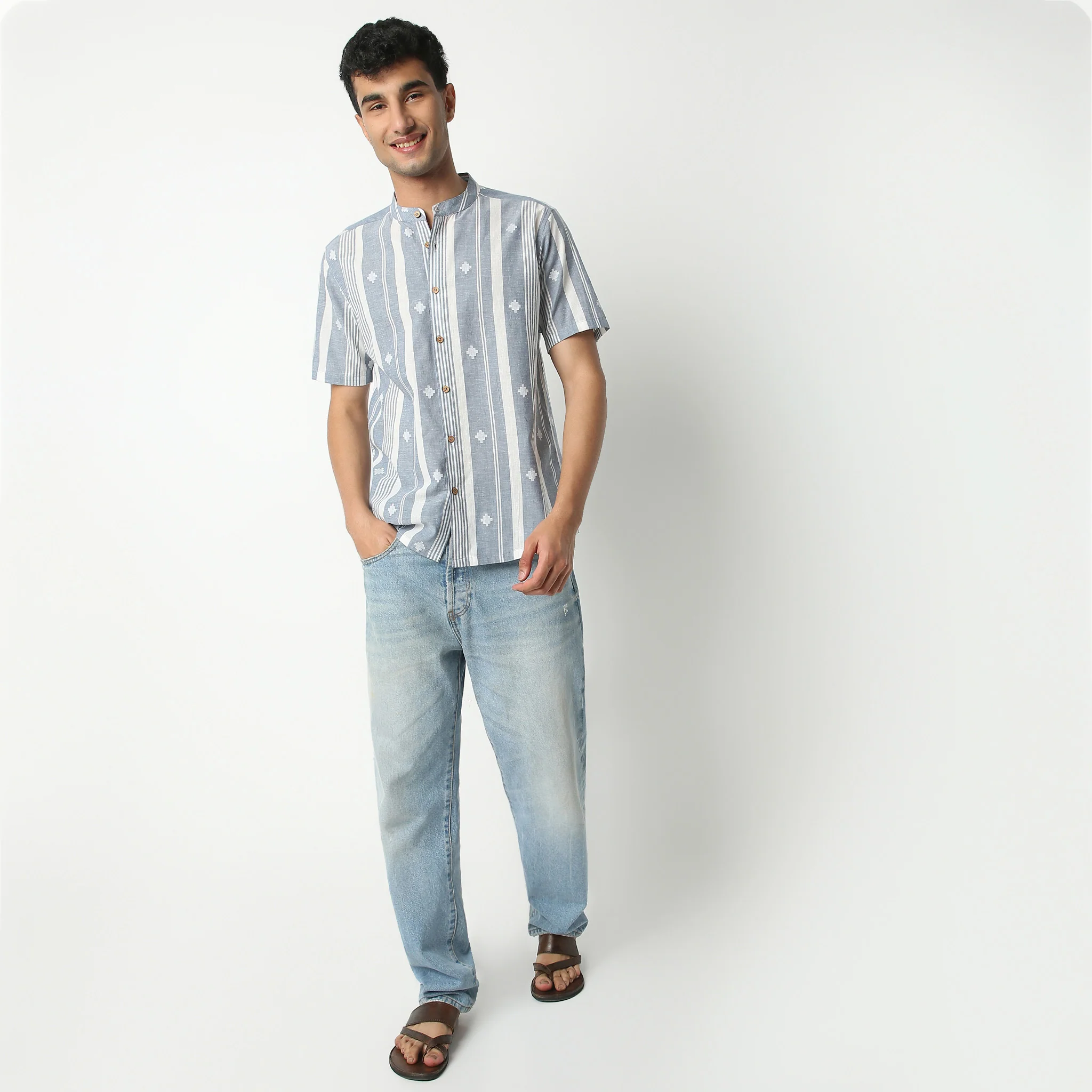 Jacquard Mandarin Collar Half Sleeve Yarn Dyed Shirt