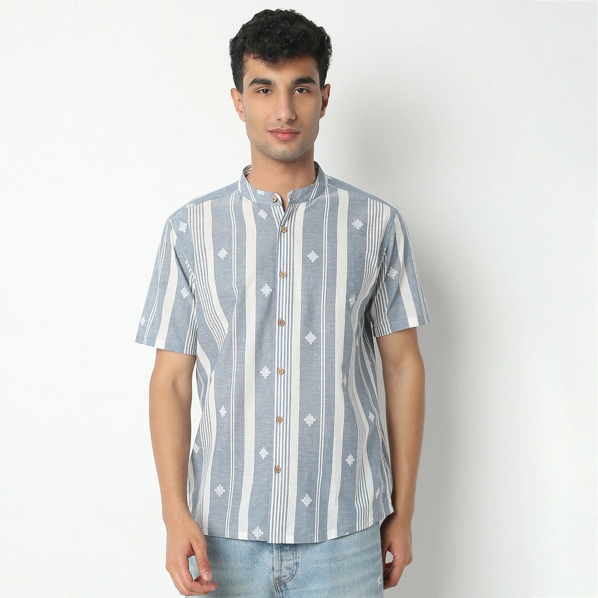 Jacquard Mandarin Collar Half Sleeve Yarn Dyed Shirt - Image 2