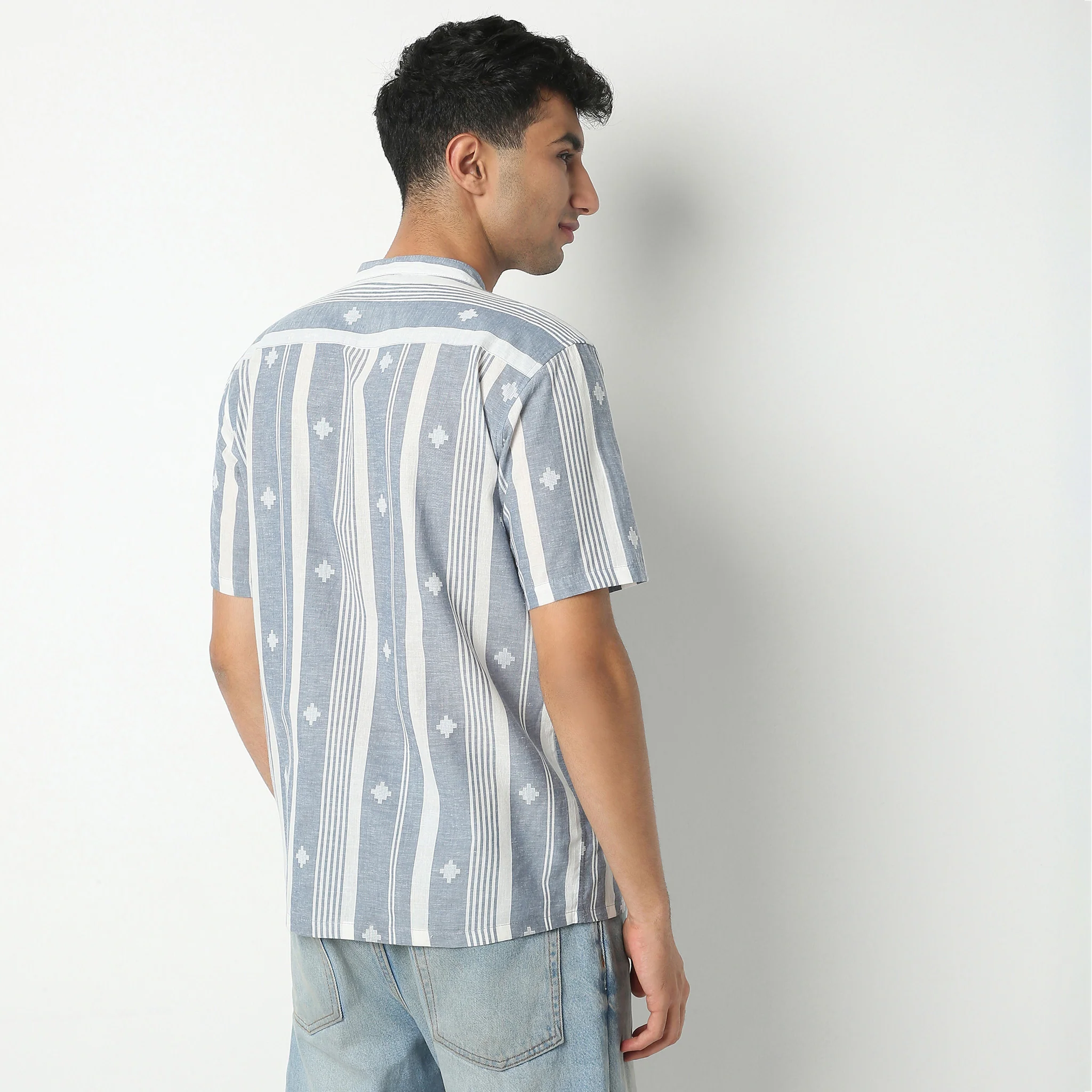 Jacquard Mandarin Collar Half Sleeve Yarn Dyed Shirt - Image 3
