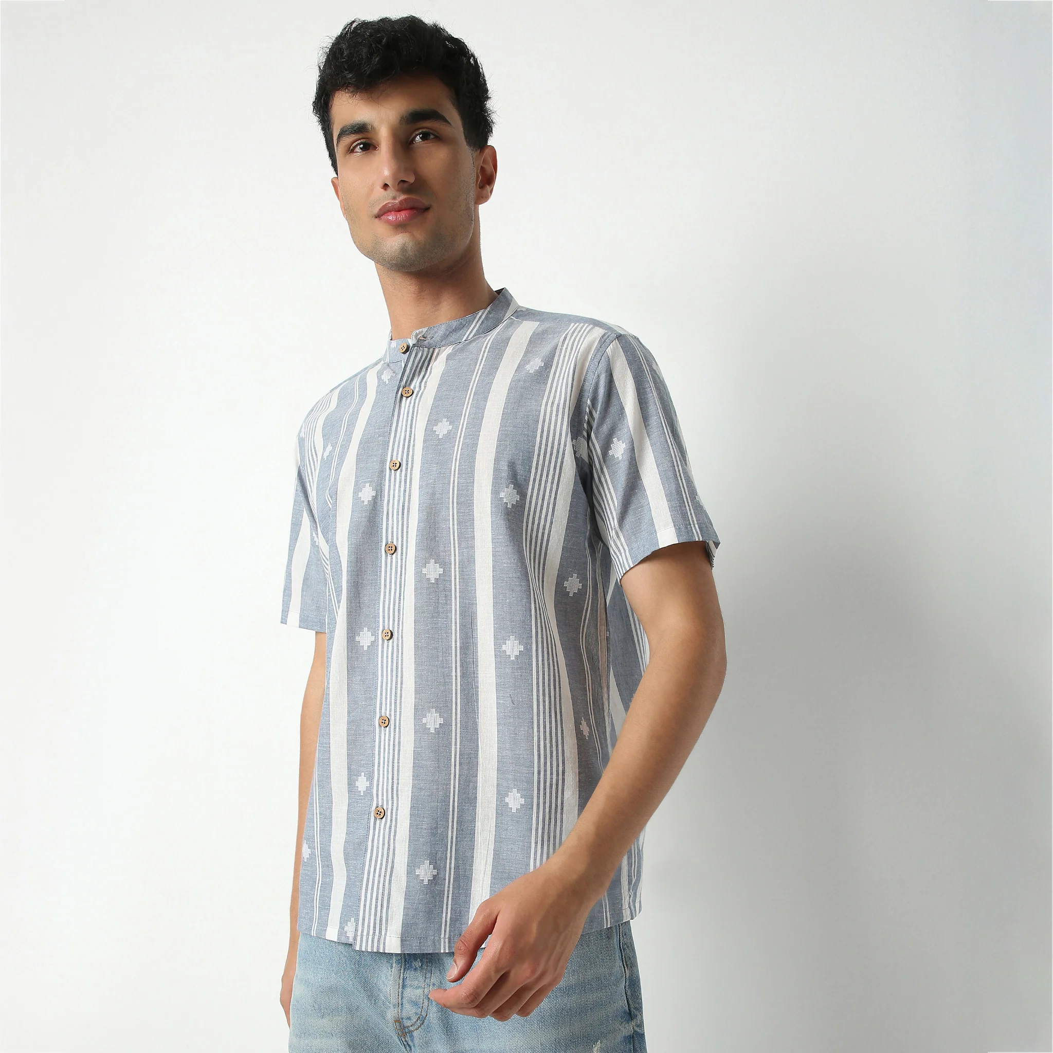 Jacquard Mandarin Collar Half Sleeve Yarn Dyed Shirt - Image 5