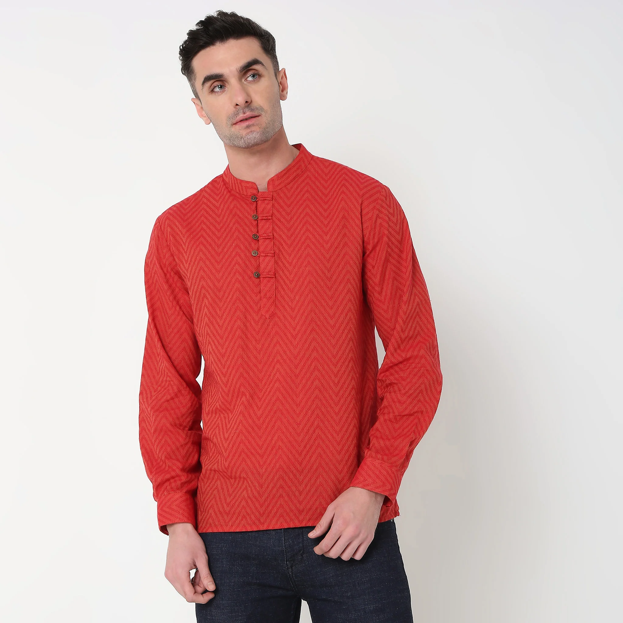 Regular Fit Jacquard Short Kurta - Image 2
