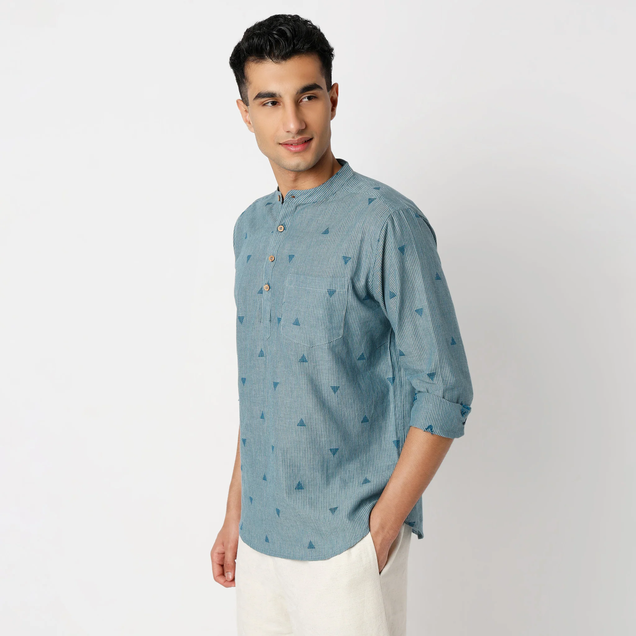 Kurta Shirt™ - Jacquard Yarn Dyed Mandarin Collar Straight Full Sleeve - Image 5