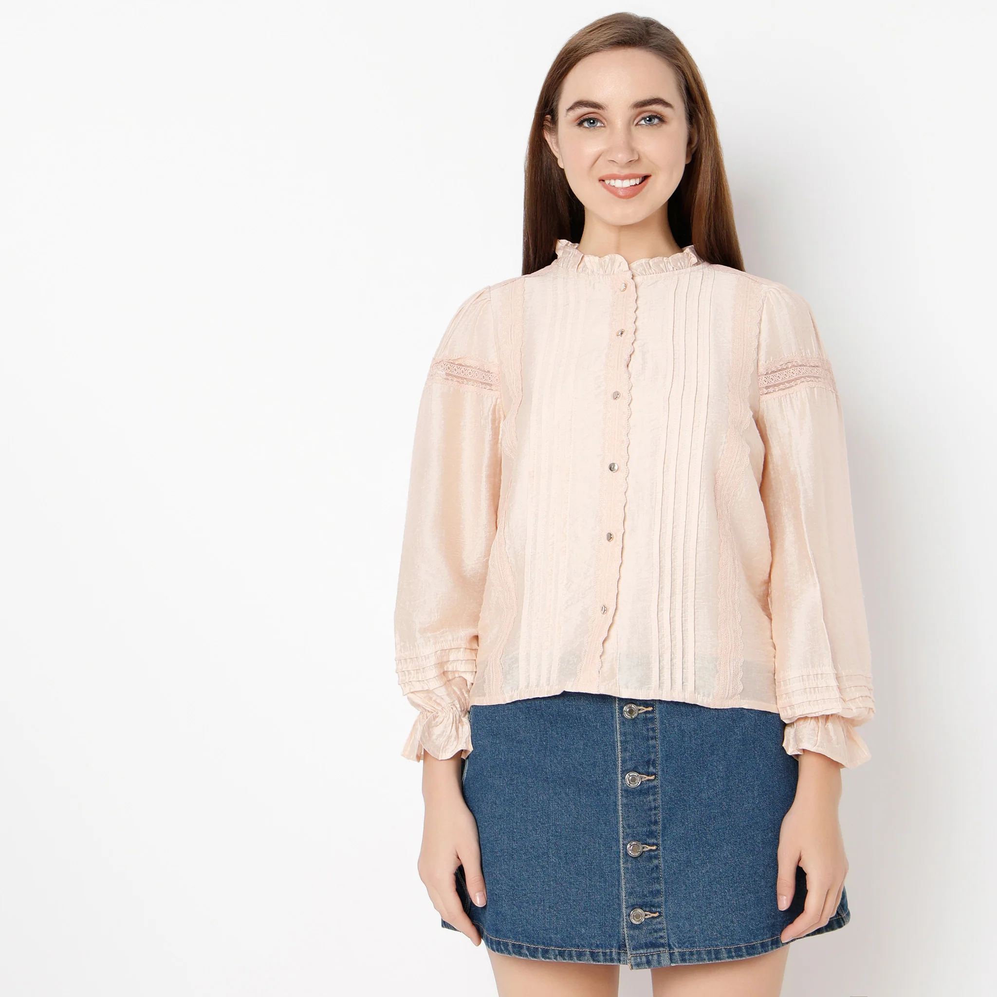 Band Neck Full Sleeve Lace Bishop Top - Image 2