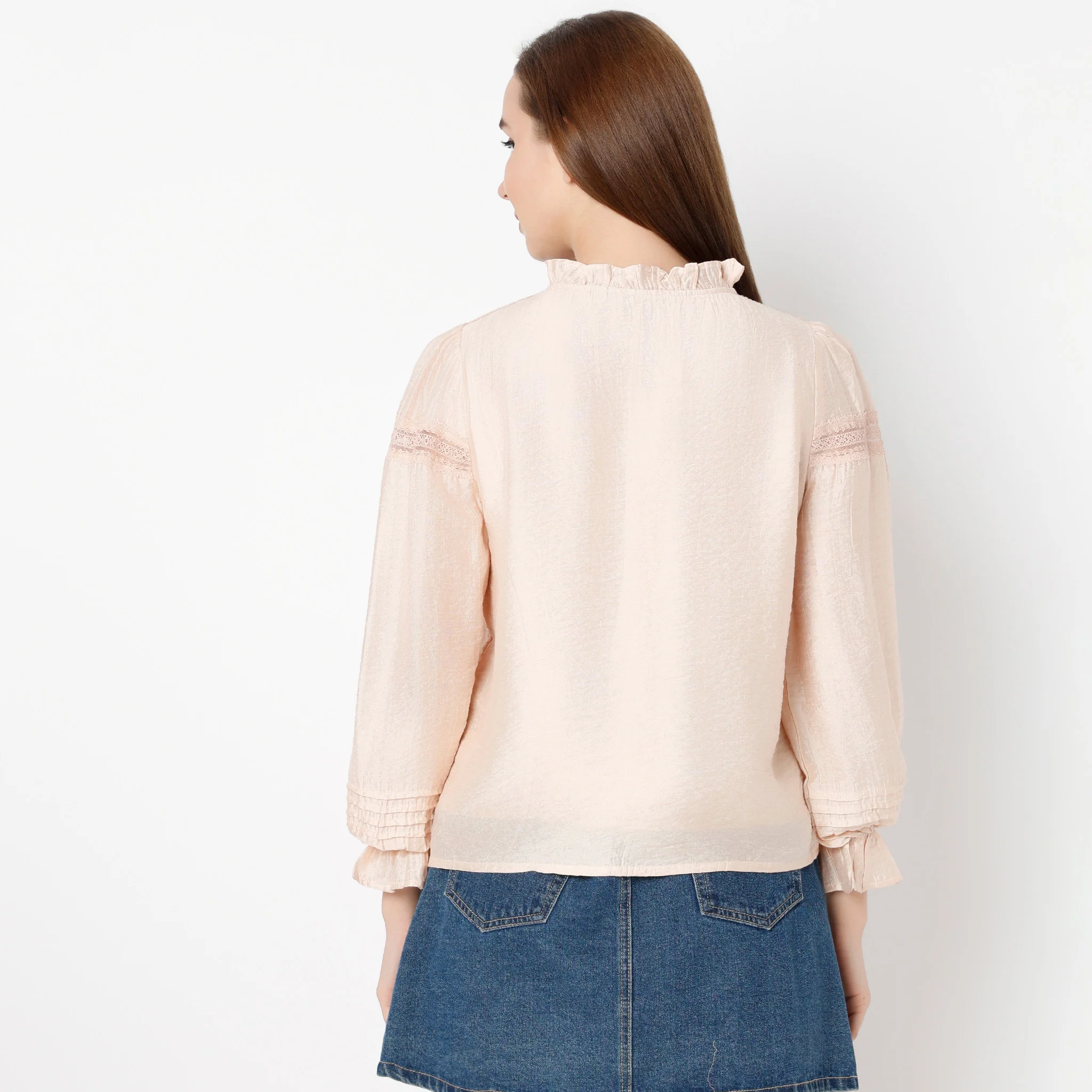 Band Neck Full Sleeve Lace Bishop Top - Image 3