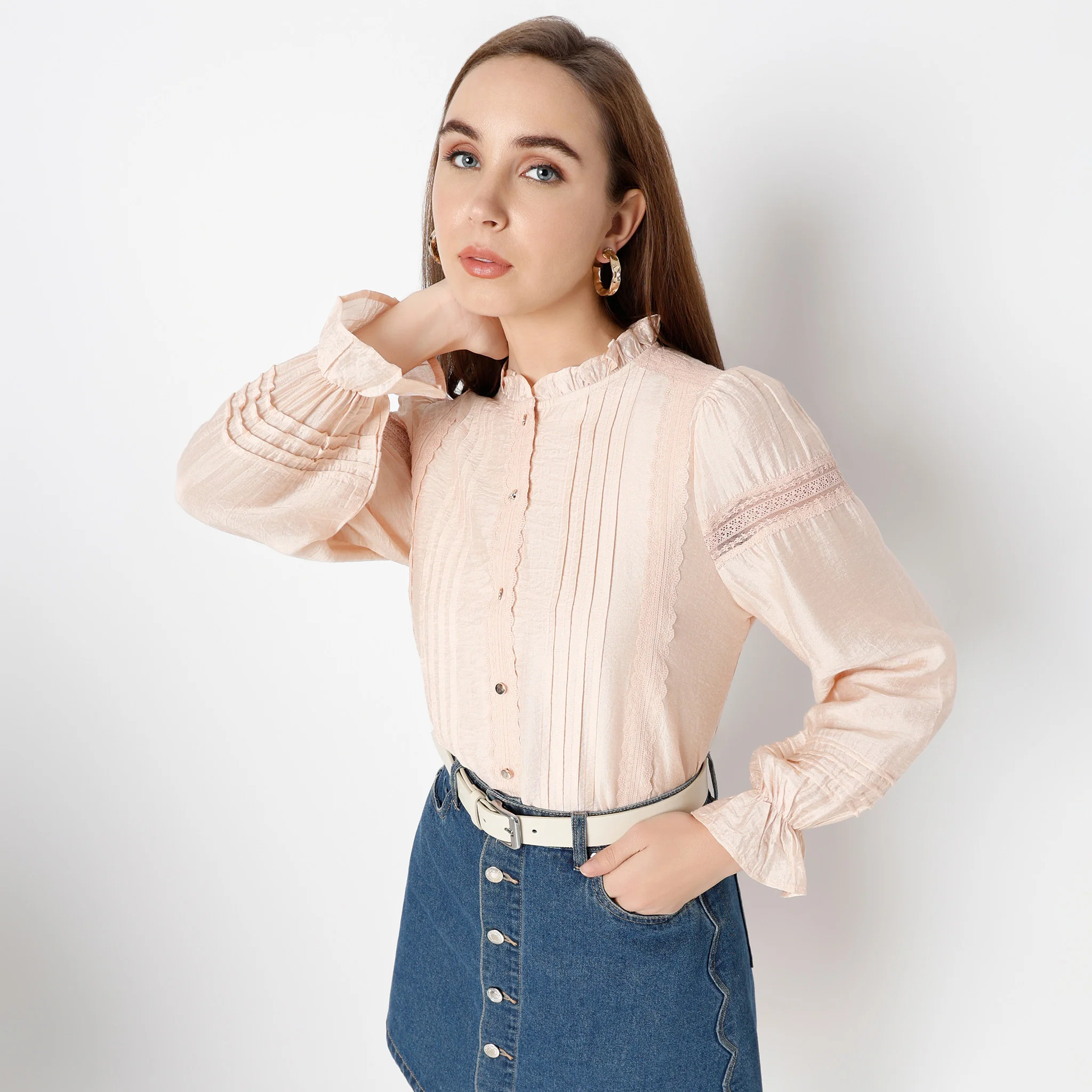 Band Neck Full Sleeve Lace Bishop Top - Image 5