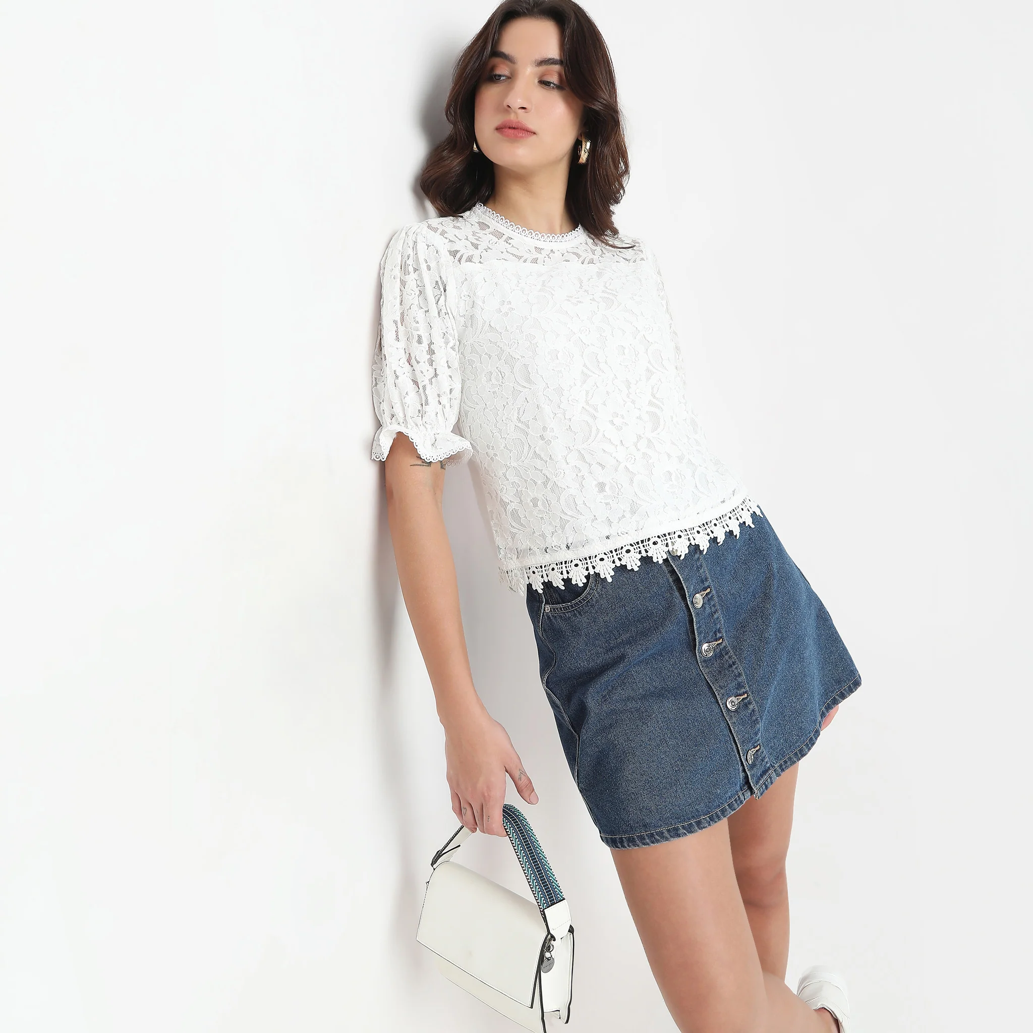 Round Neck With Crochet Lace Trim Top