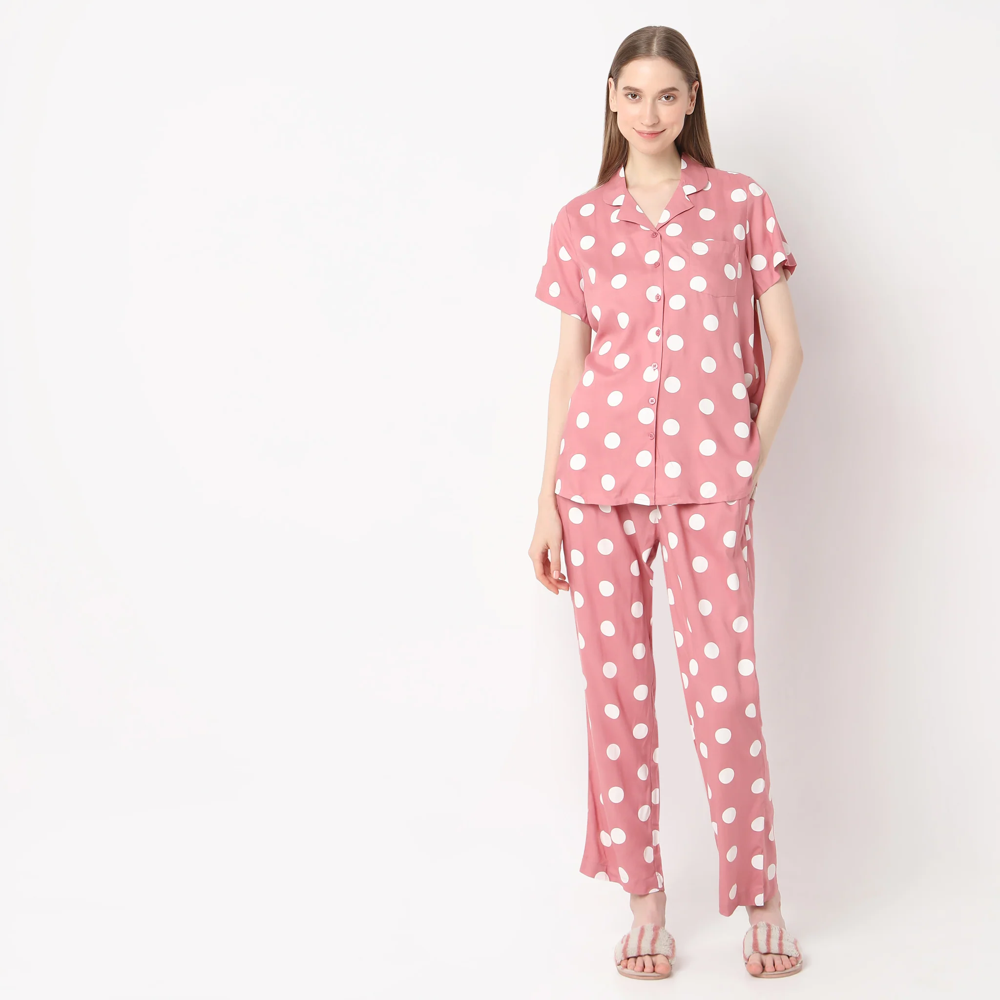 Woven Polka Dot Lapel Collar Shirt With Pyjama Sleepwear Set - Image 2