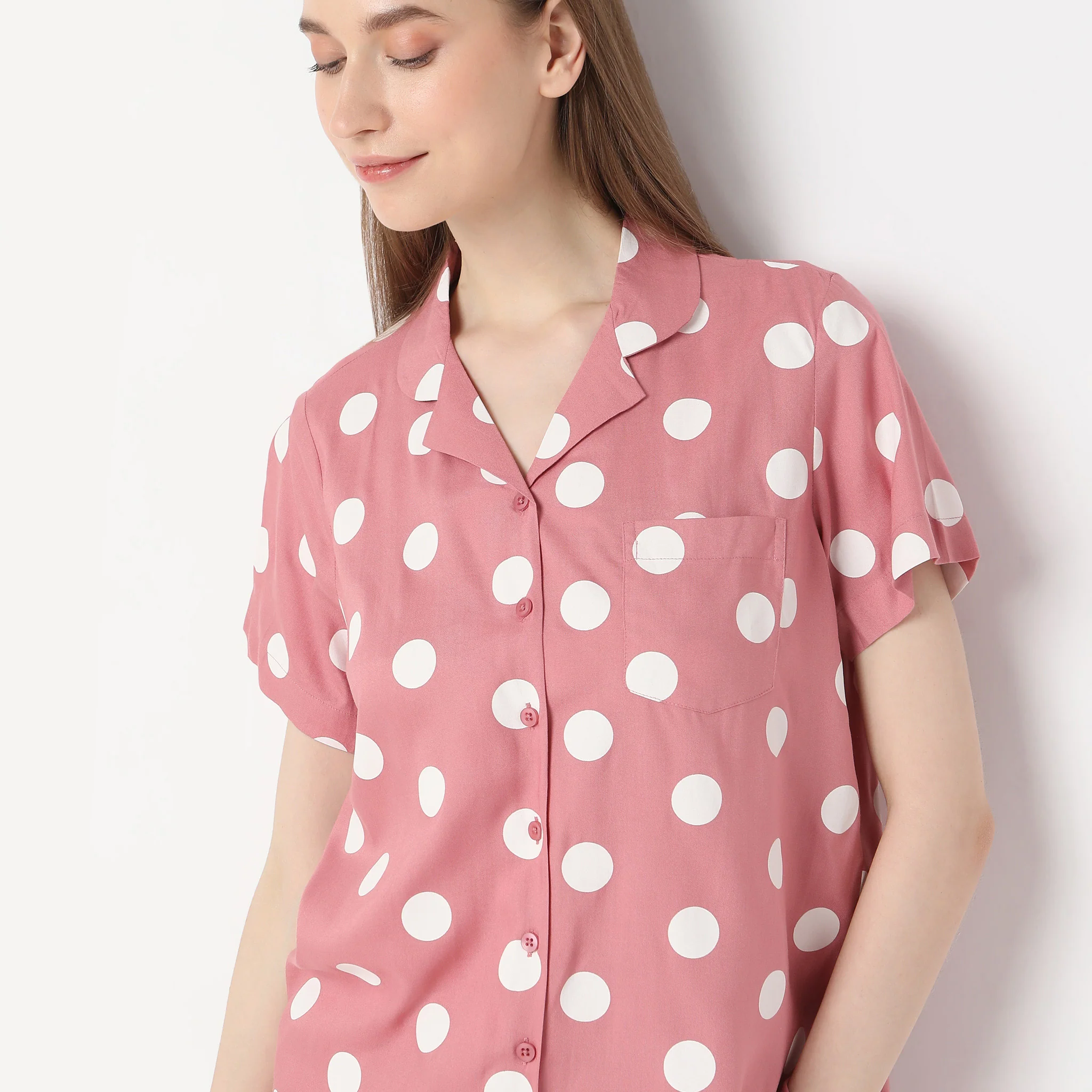 Woven Polka Dot Lapel Collar Shirt With Pyjama Sleepwear Set - Image 4
