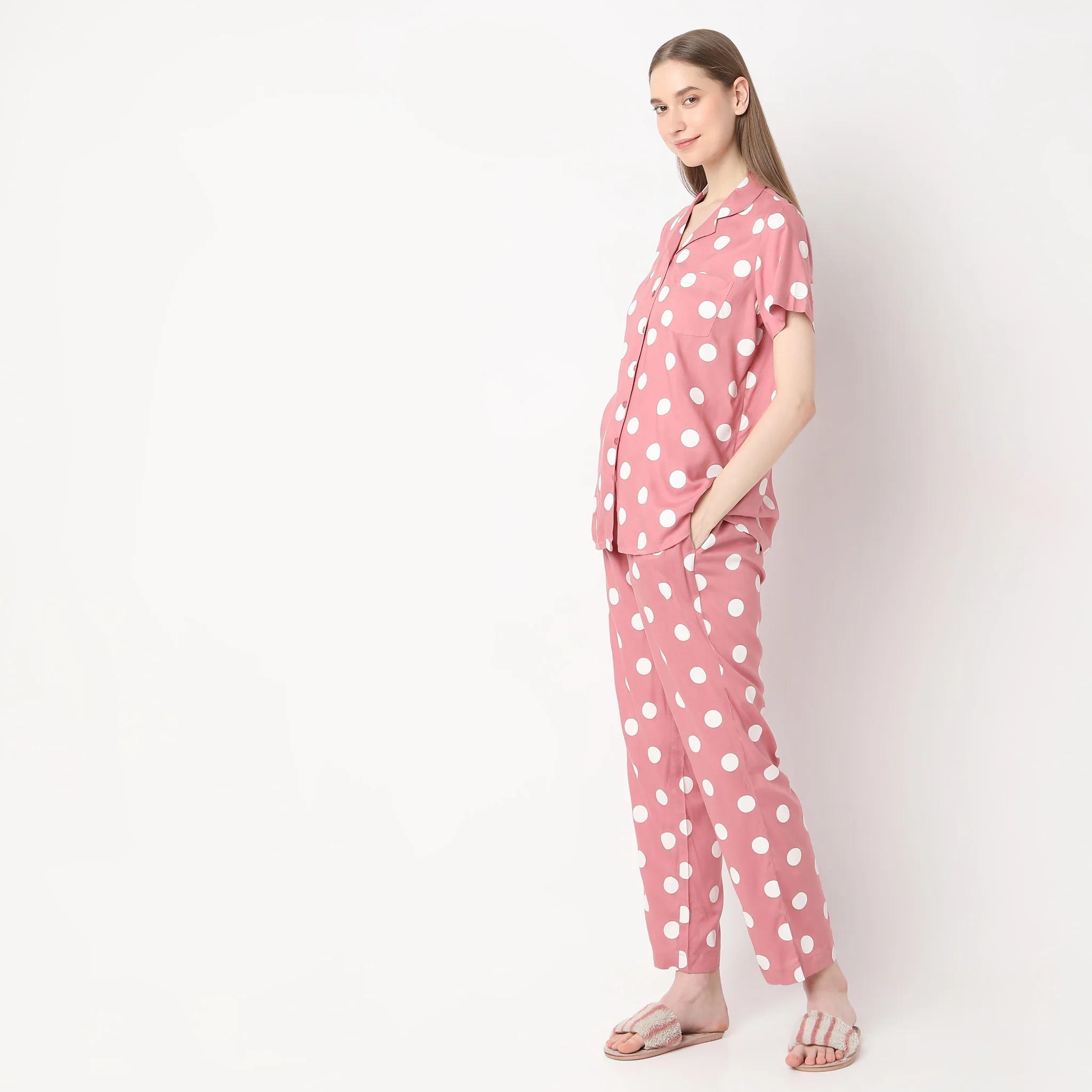 Woven Polka Dot Lapel Collar Shirt With Pyjama Sleepwear Set - Image 5