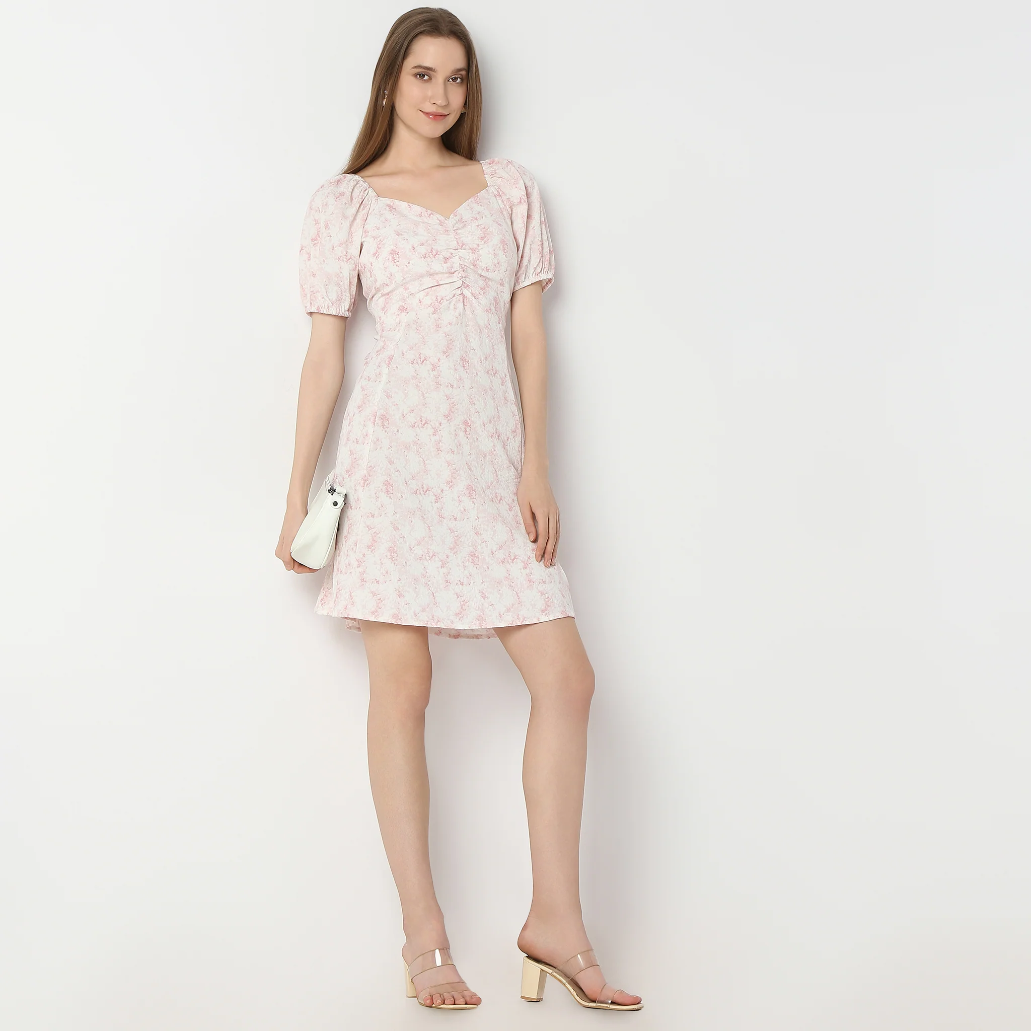 Printed Above Knee Sweet Heart Neck Short Sleeve Dress