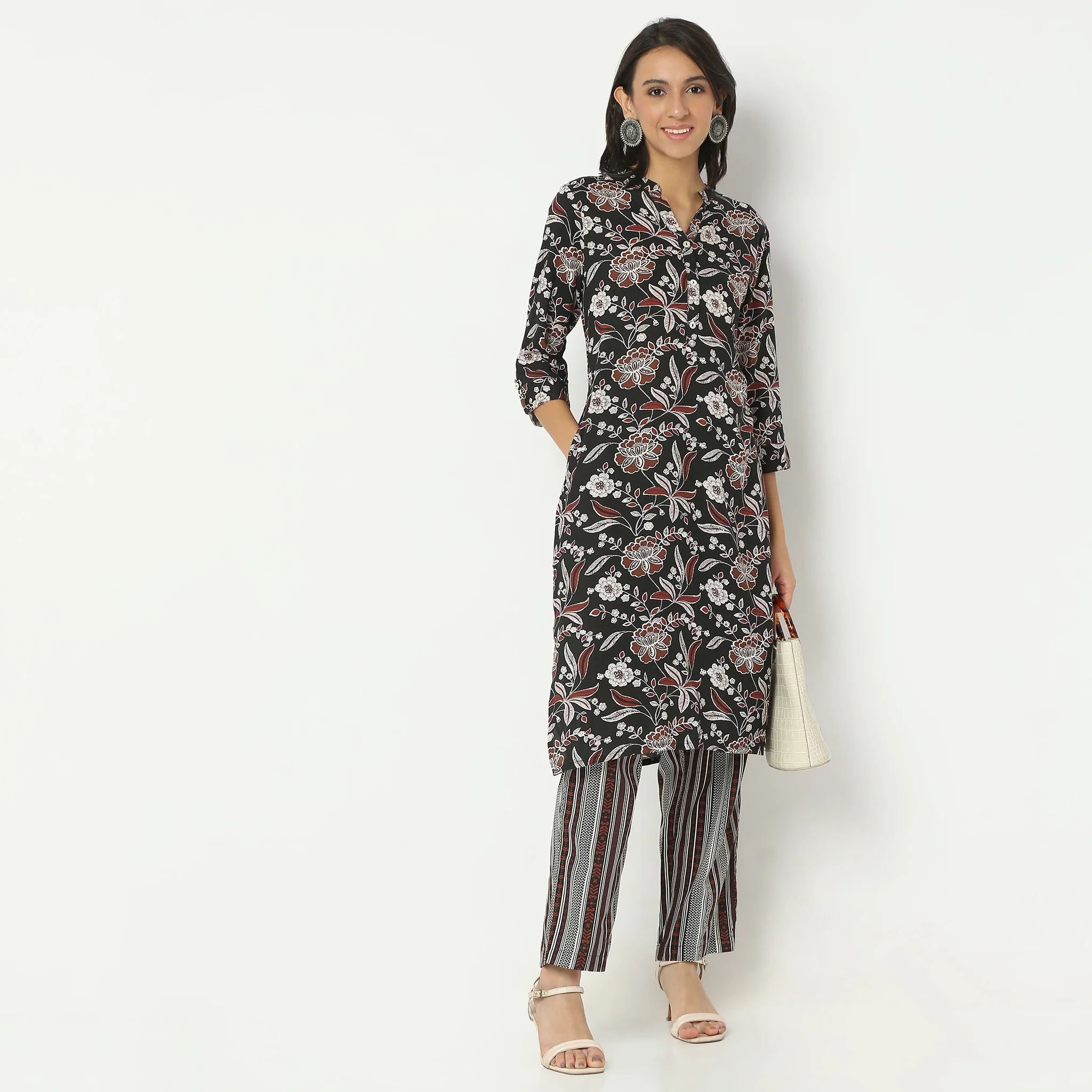 Printed Below Knee Band Collar Kurta