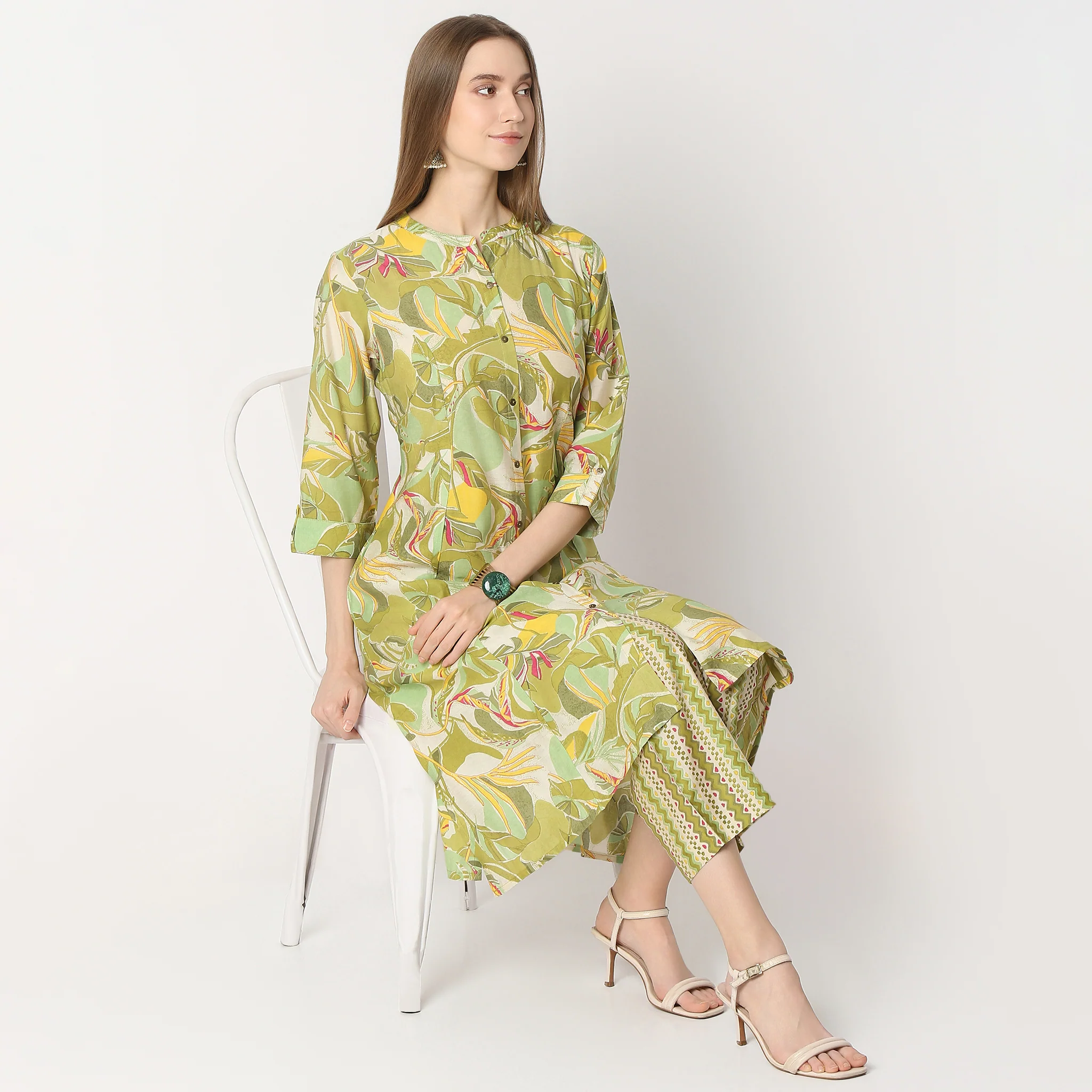 Printed Band Collar A-Line Kurta With Pant Set