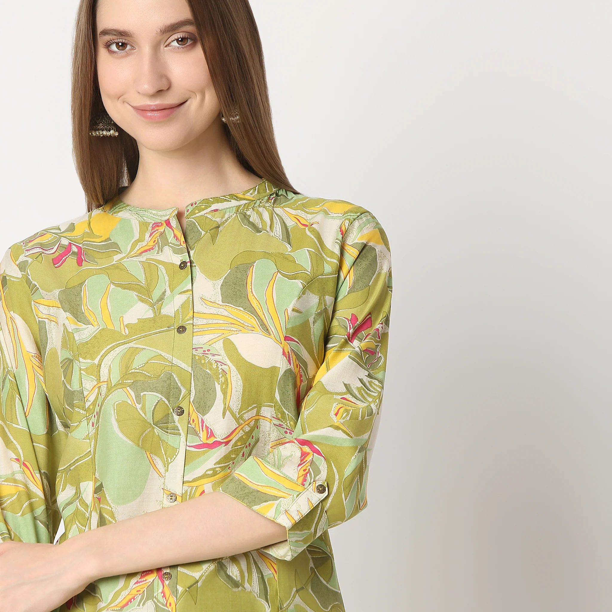 Printed Band Collar A-Line Kurta With Pant Set - Image 4