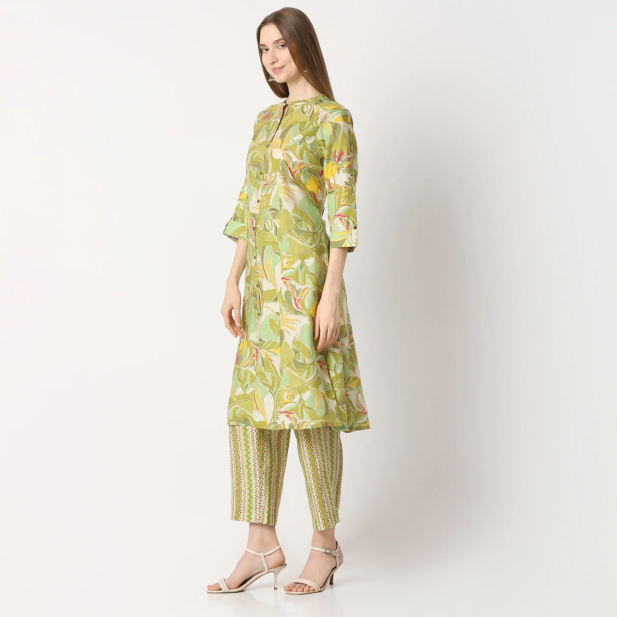 Printed Band Collar A-Line Kurta With Pant Set - Image 5