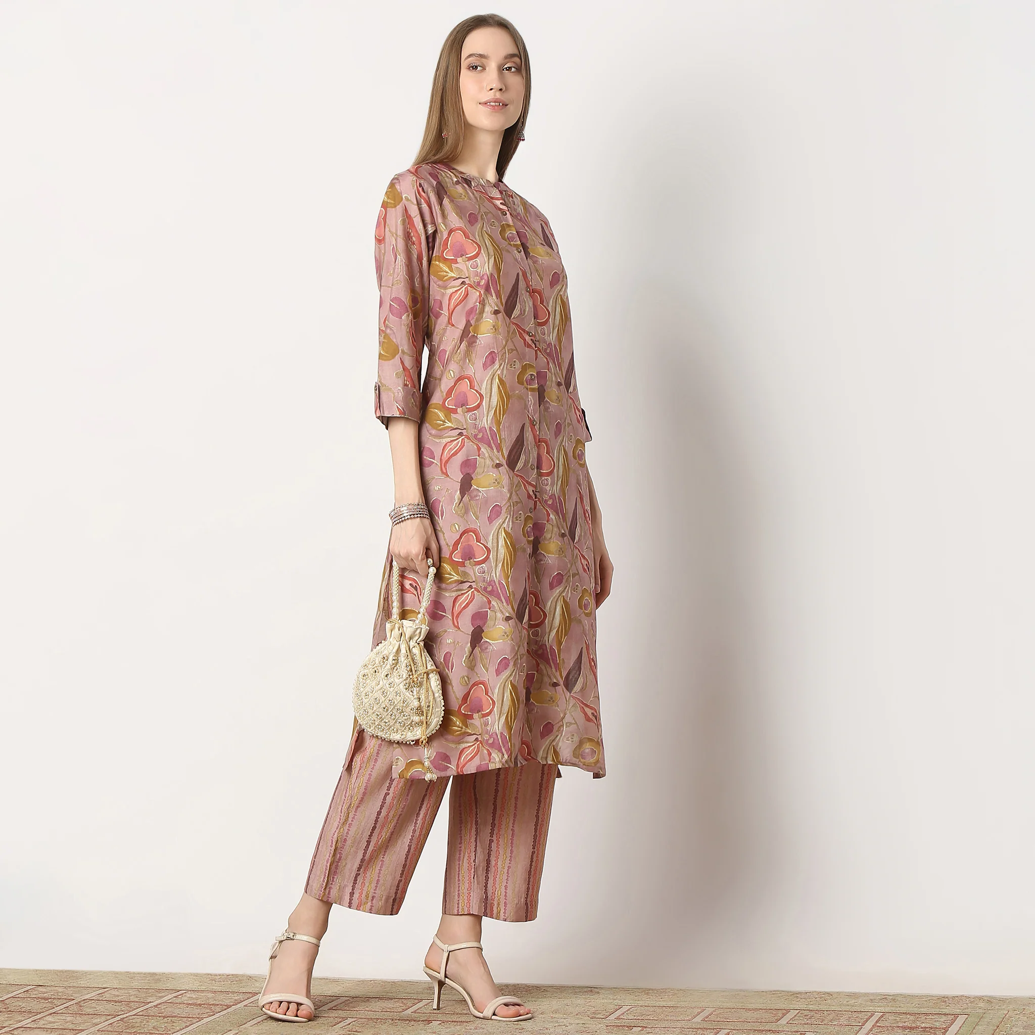 Printed Band Collar Straight Kurta With Pant Set