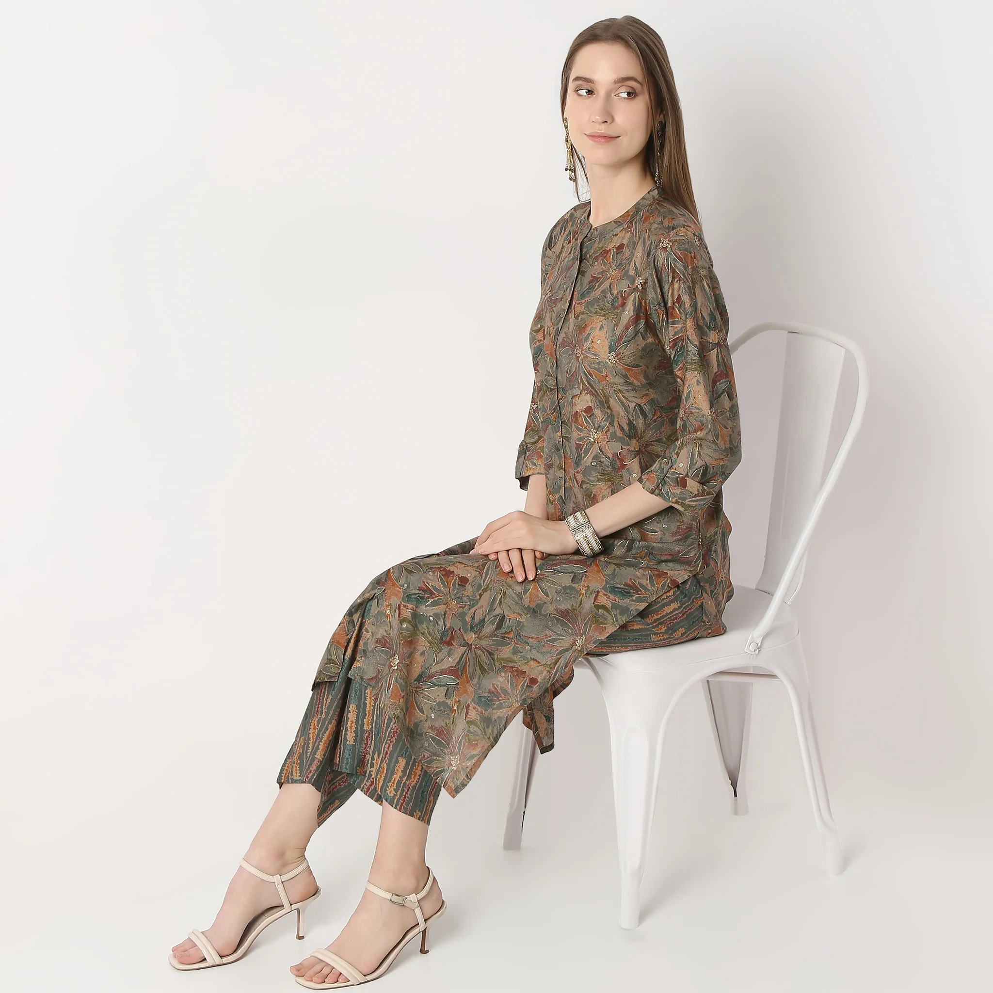 Printed Band Collar Straight Kurta With Pant Set